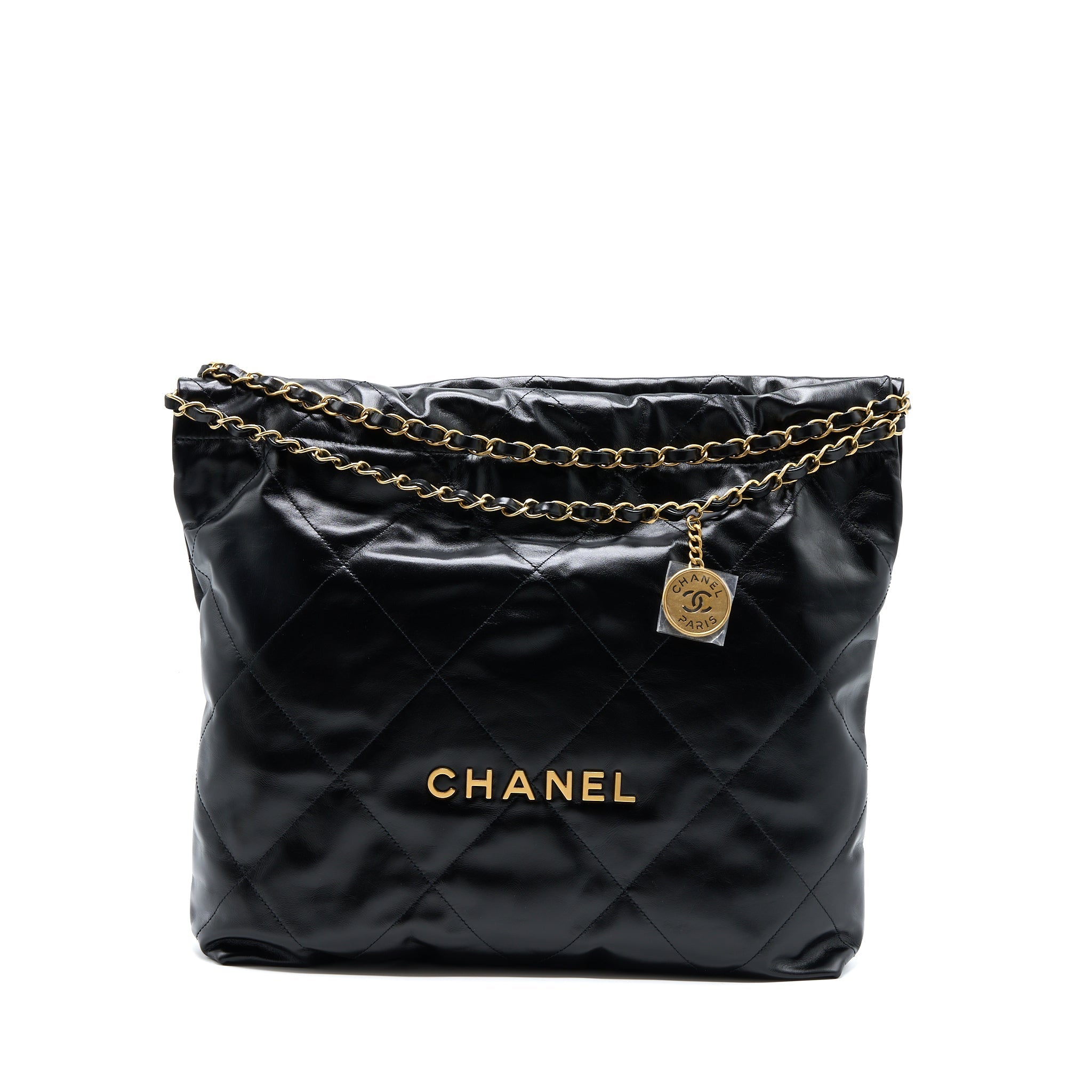 CHANEL MEDIUM 22 BAG GOLD LETTER SHINY CALFSKIN BLACK GHW (MICROCHIP)