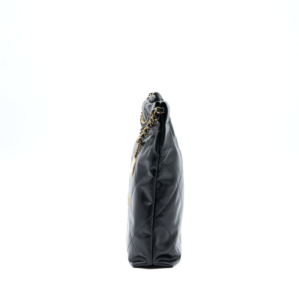 CHANEL MEDIUM 22 BAG GOLD LETTER SHINY CALFSKIN BLACK GHW (MICROCHIP)
