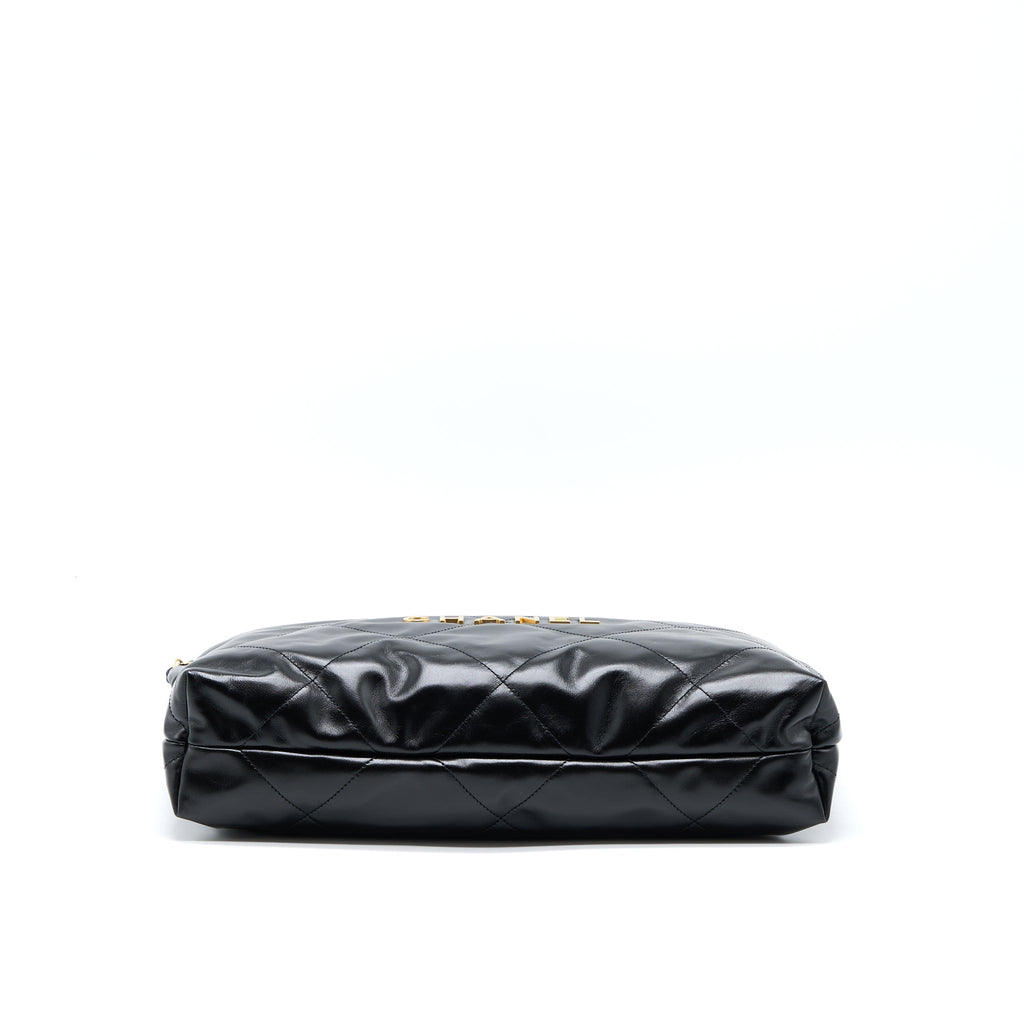 CHANEL MEDIUM 22 BAG GOLD LETTER SHINY CALFSKIN BLACK GHW (MICROCHIP)