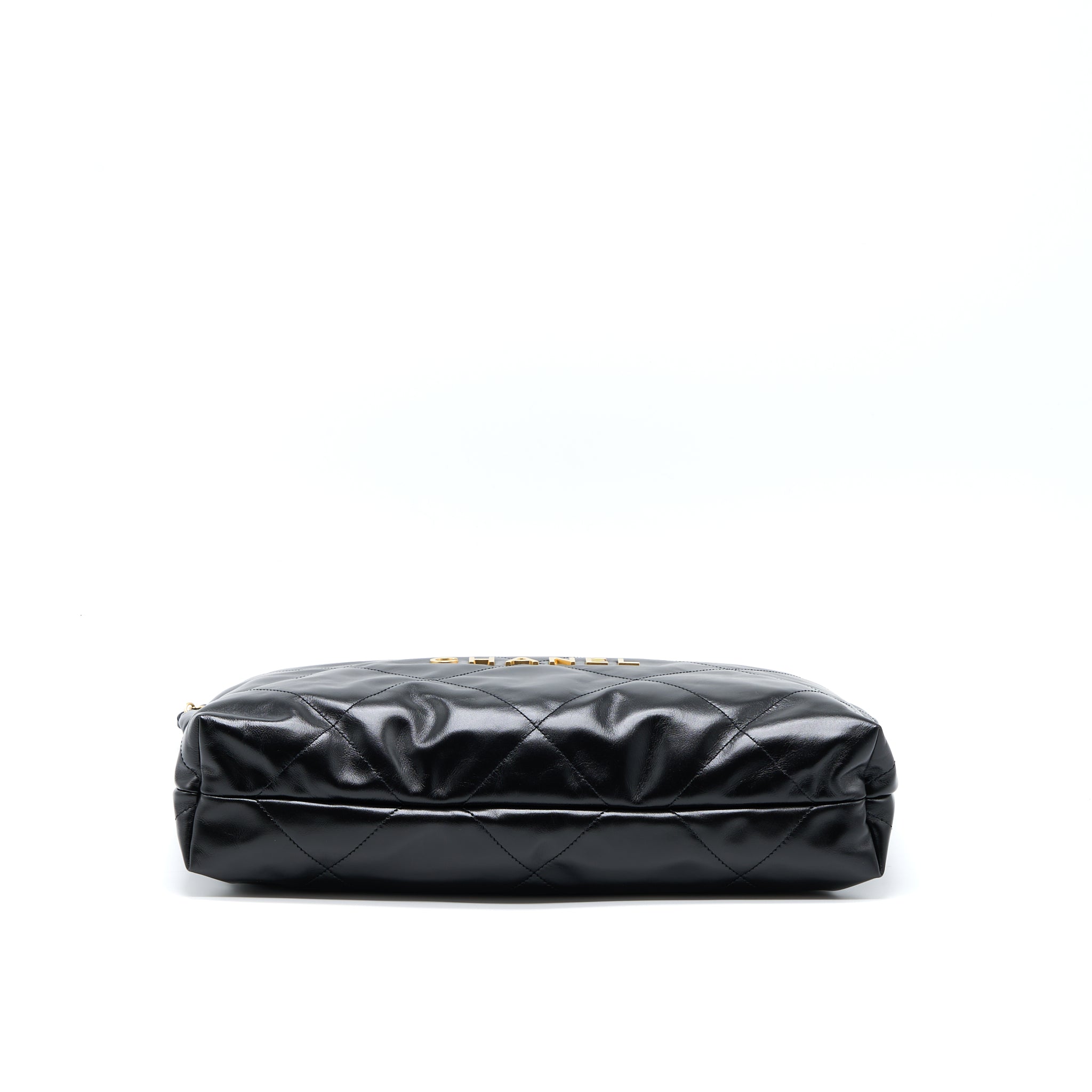 CHANEL MEDIUM 22 BAG GOLD LETTER SHINY CALFSKIN BLACK GHW (MICROCHIP)