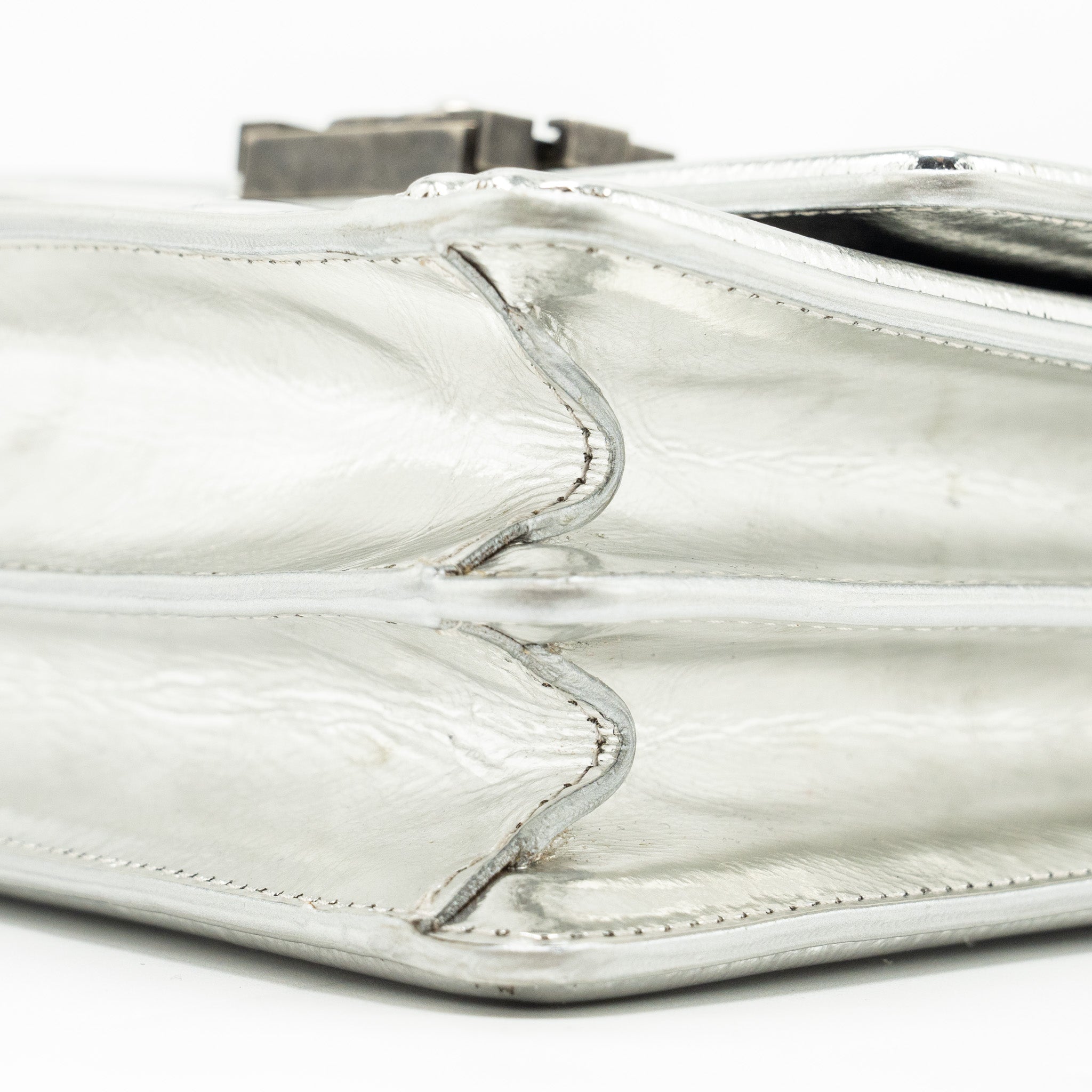 CHANEL BOY NORTH SOUTH FLAP BAG PATENT /GOATSKIN SILVER RUTHENIUM HARDWARE