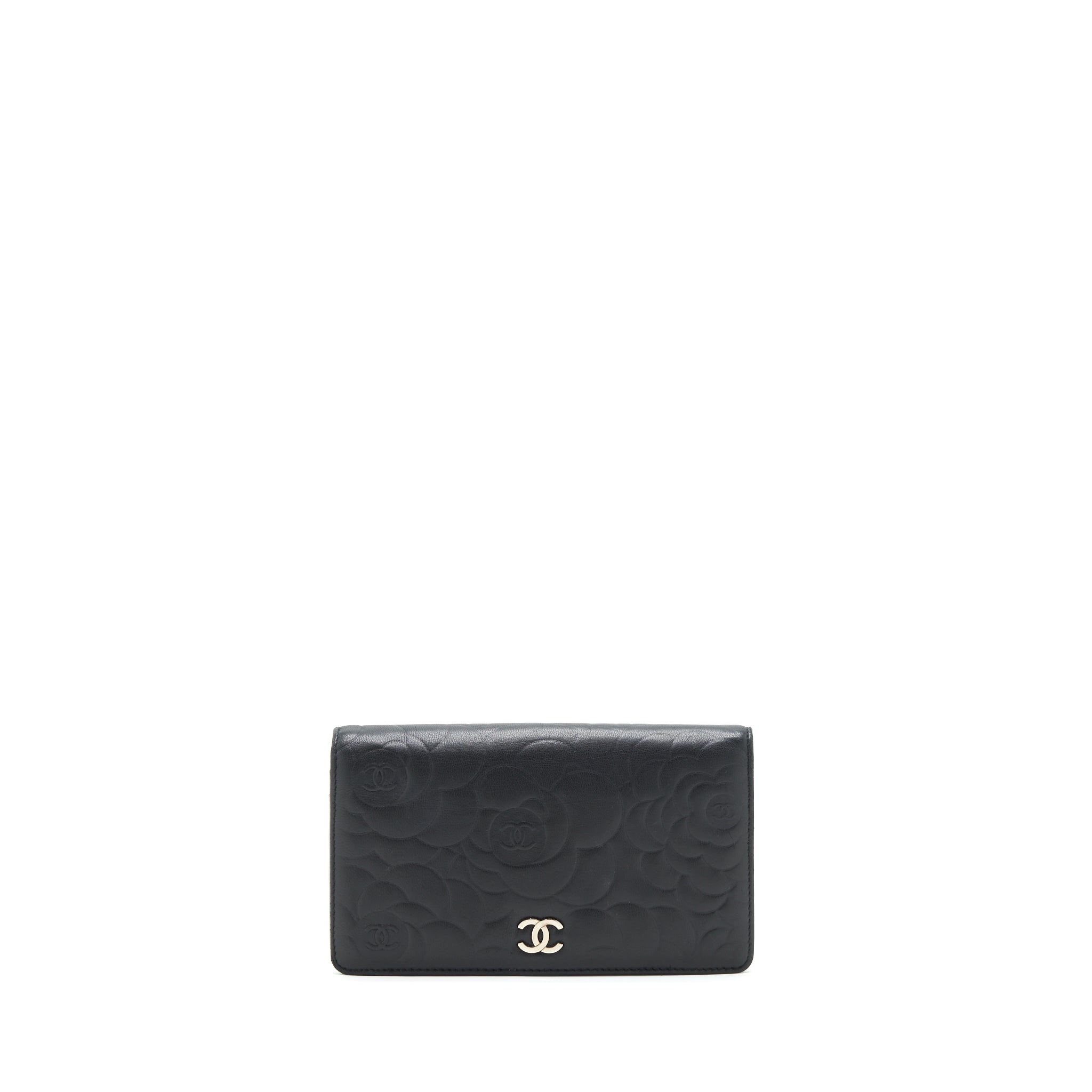 CHANEL CAMELLIA FOLD LONG WALLET LAMBSKIN BLACK / SILVER SHW