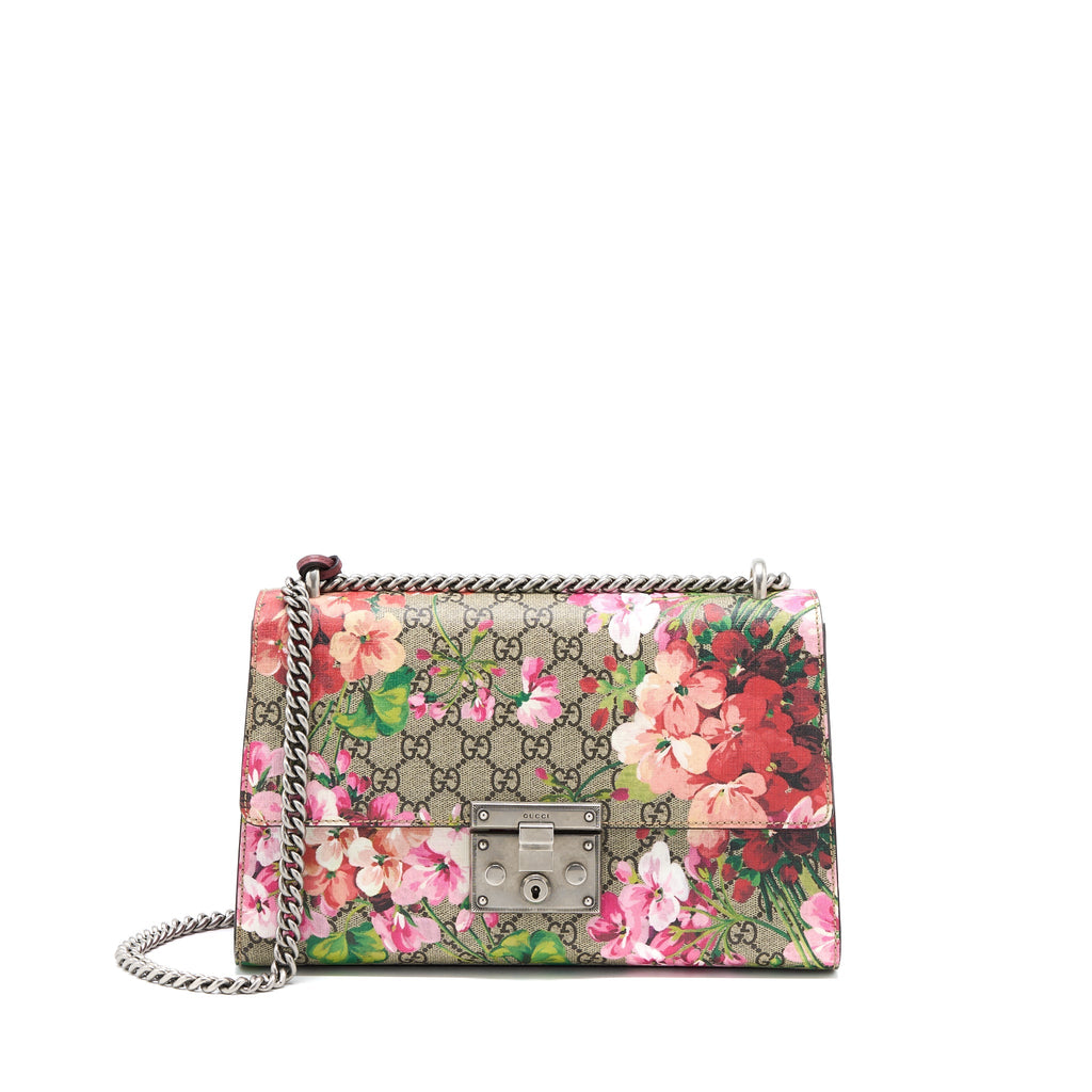 GUCCI PADLOCK SHOULDER FLOWER PRINTED / GG SUPREME RUTHENIUM HARDWARE