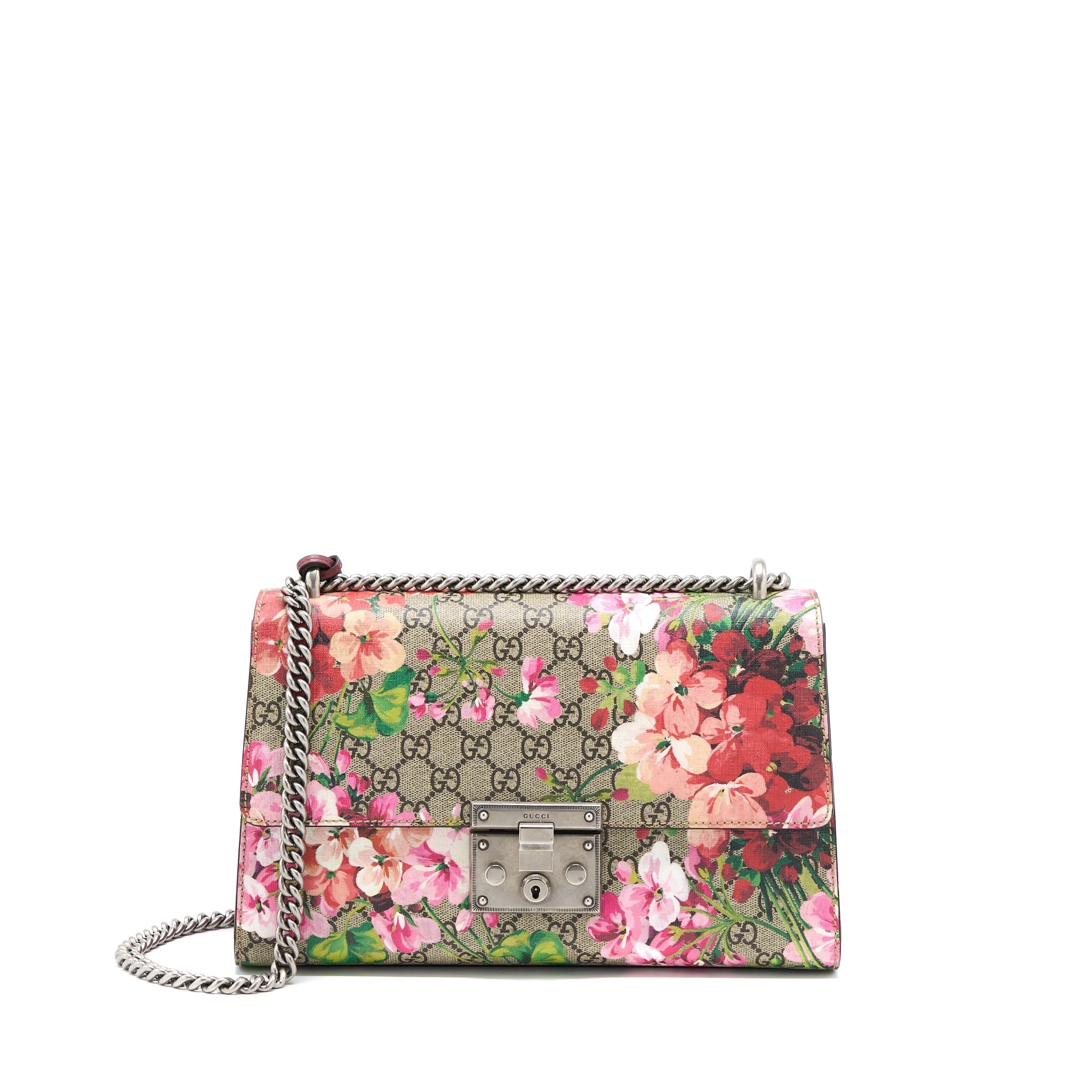 GUCCI PADLOCK SHOULDER FLOWER PRINTED / GG SUPREME RUTHENIUM HARDWARE