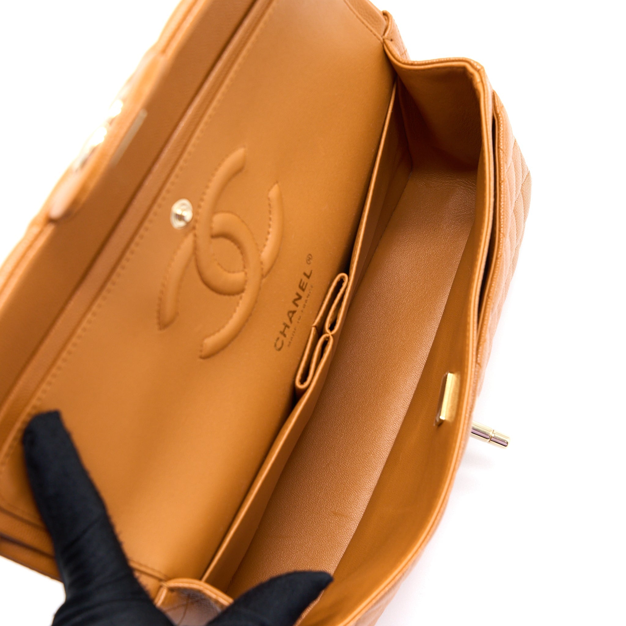 CHANEL MEDIUM CLASSIC DOUBLE FLAP BAG CAVIAR CARAMEL LGHW (MICROCHIP)