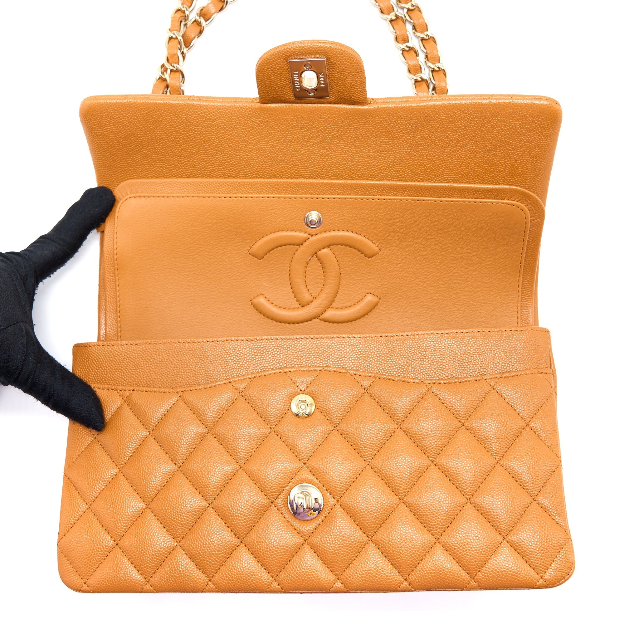 CHANEL MEDIUM CLASSIC DOUBLE FLAP BAG CAVIAR CARAMEL LGHW (MICROCHIP)