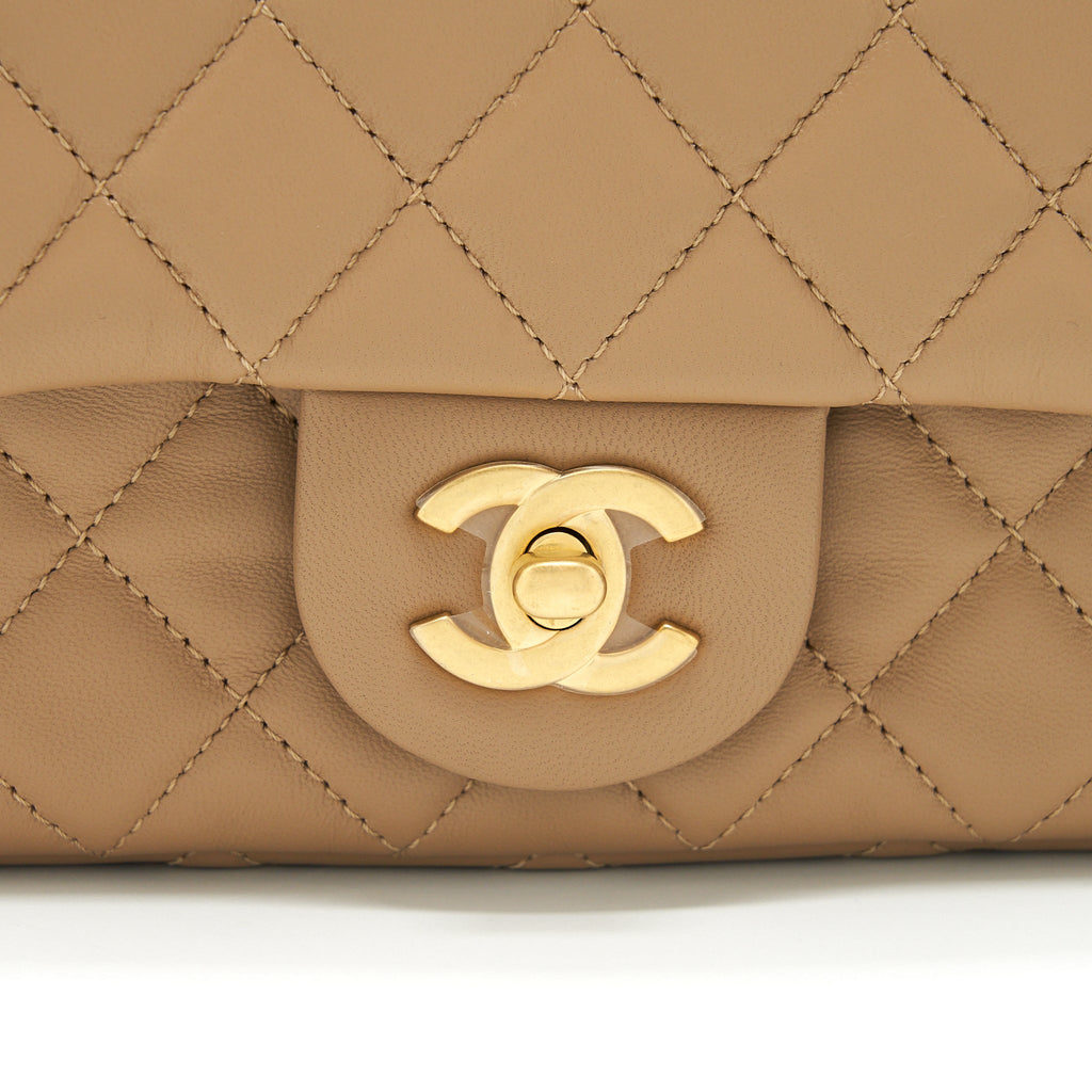 CHANEL 22B PEARL CRUSH MINI RECTANGULAR FLAP BAG LAMBSKIN DARK BEIGE GHW (MICROCHIP)