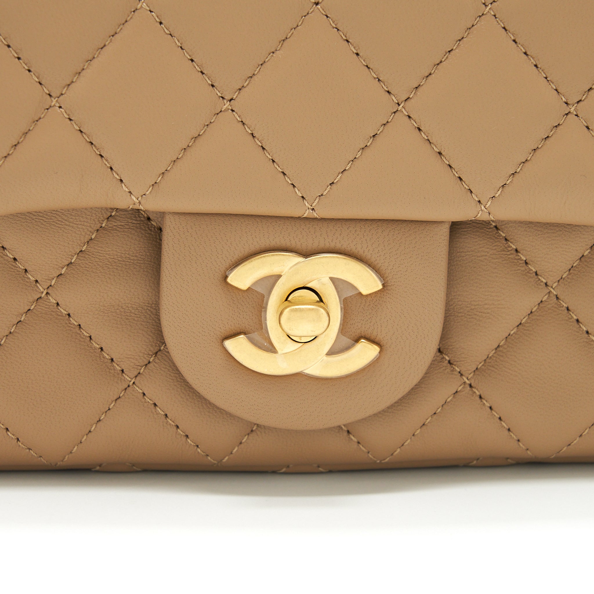 CHANEL 22B PEARL CRUSH MINI RECTANGULAR FLAP BAG LAMBSKIN DARK BEIGE GHW (MICROCHIP)
