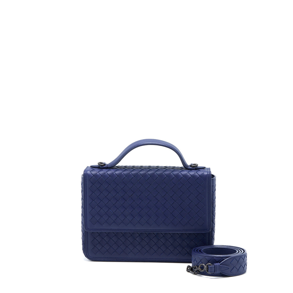 BOTTEGA VENETA TOP HANDLE CROSSBODY BAG NAVY BLUE WITH BLACK HARDWARE