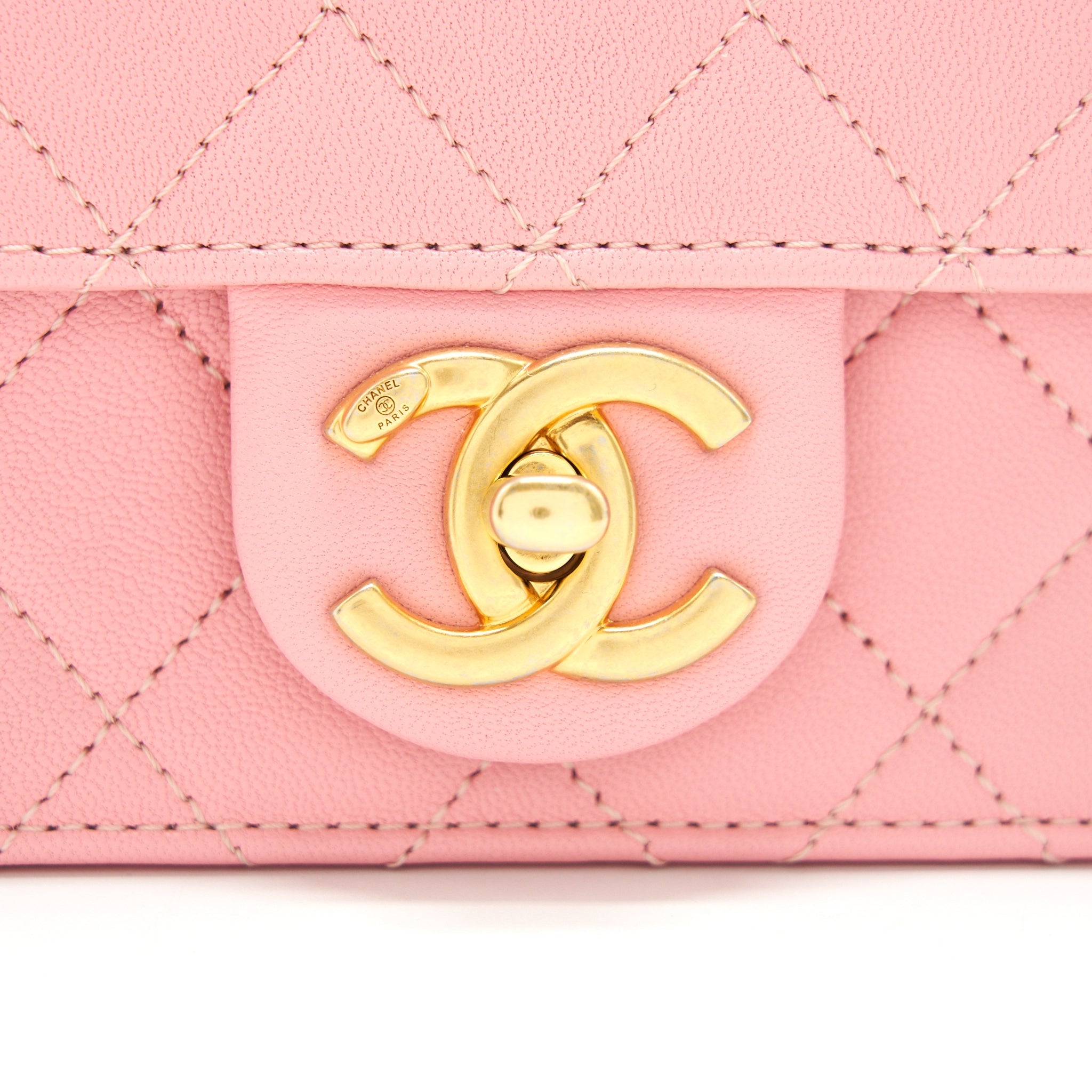 CHANEL QUILTED PEARL CHAIN GOAT SKIN FLAP BAG PINK GHW
