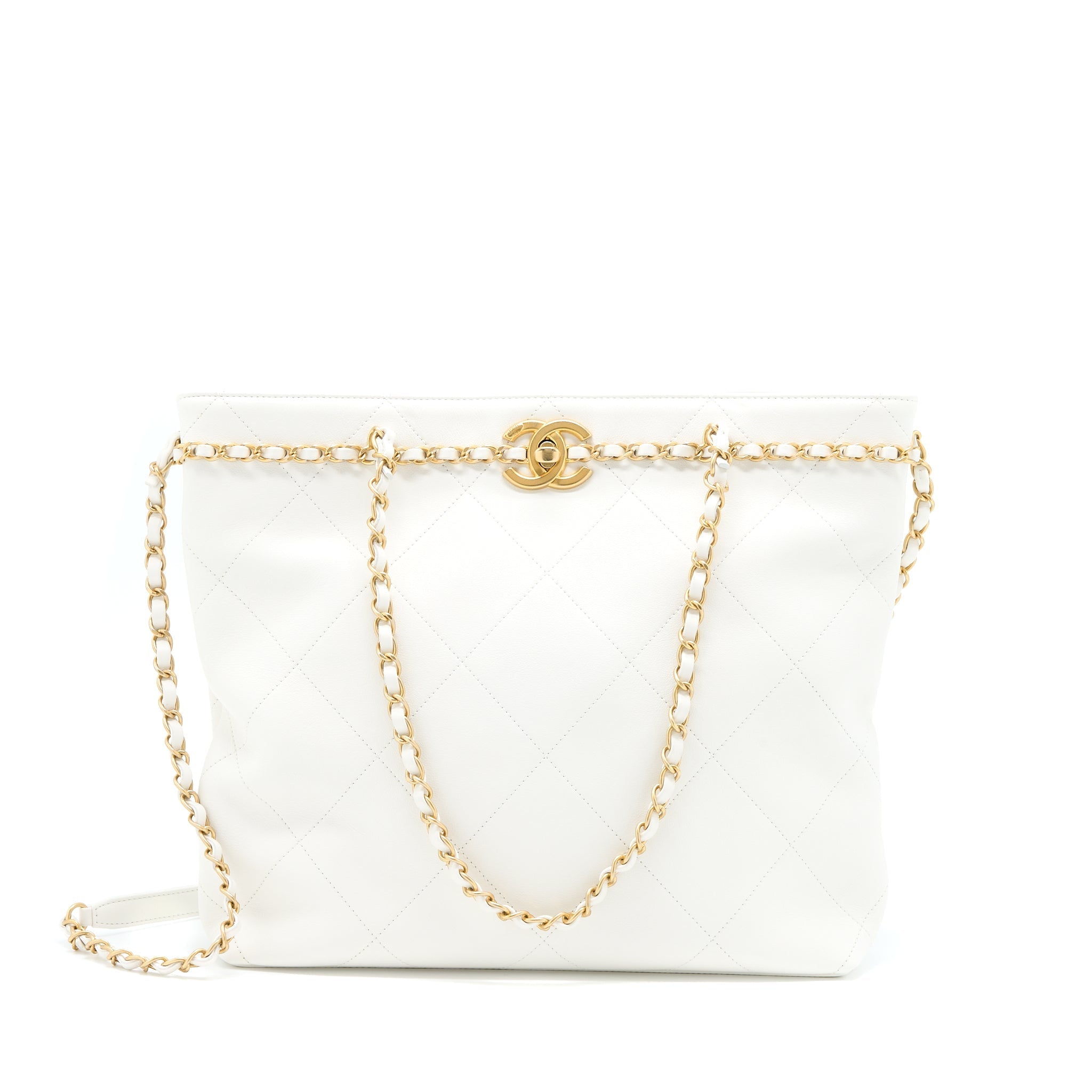 CHANEL TOTE BAG QUILTED CALFSKIN WHITE BRUSHED GHW