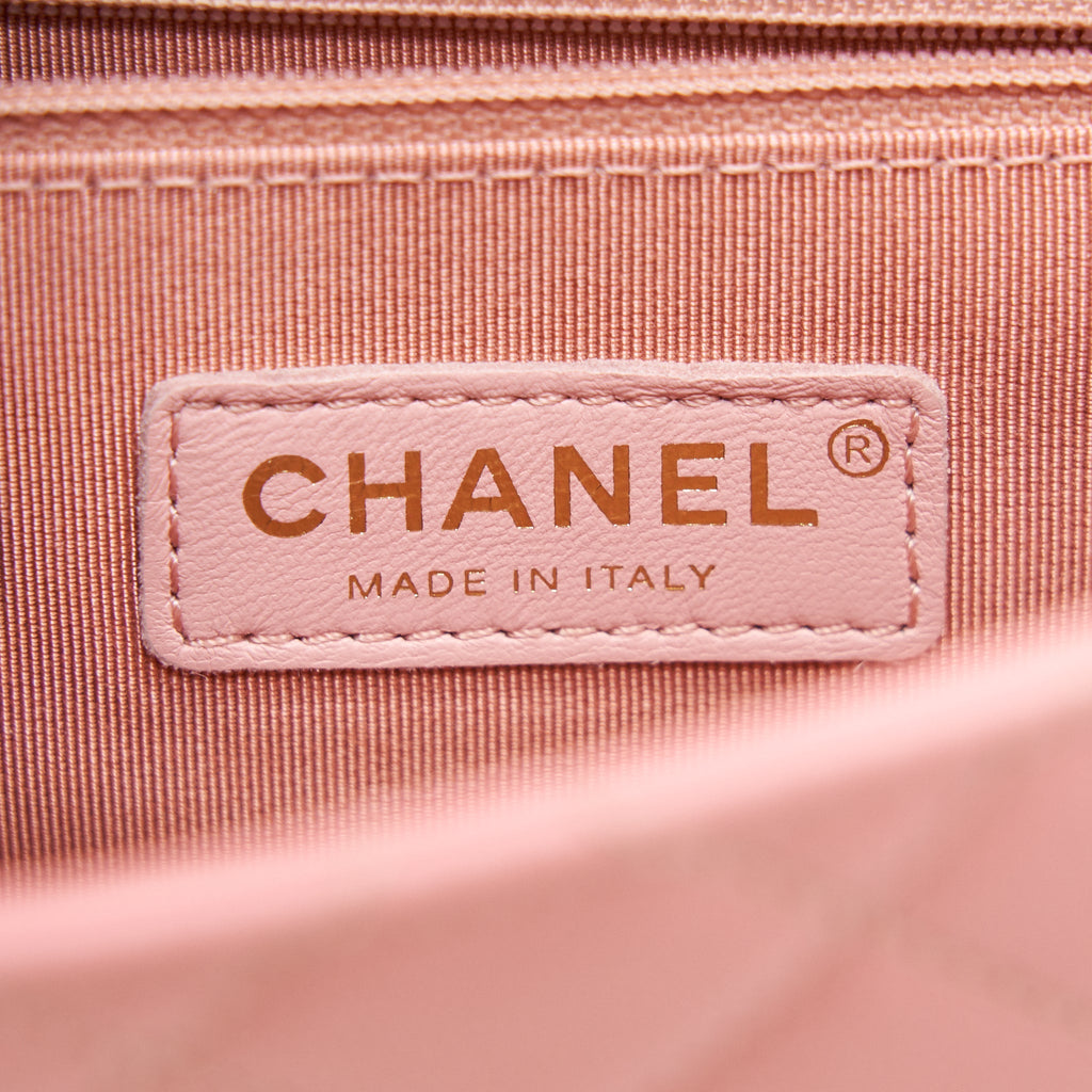 CHANEL QUILTED PEARL CHAIN GOAT SKIN FLAP BAG PINK GHW