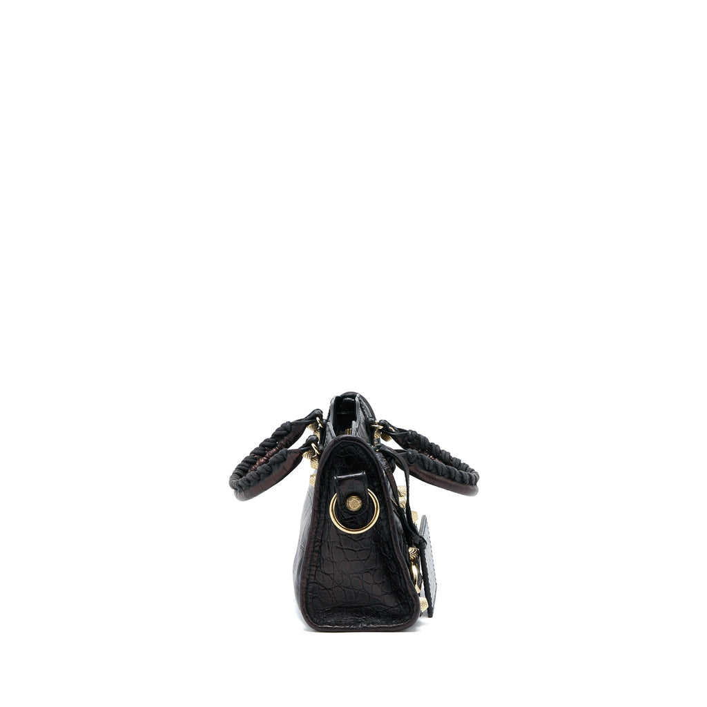 BALENCIAGA MINI CITY CROC-EMBOSSED CALFSKIN BLACK GHW