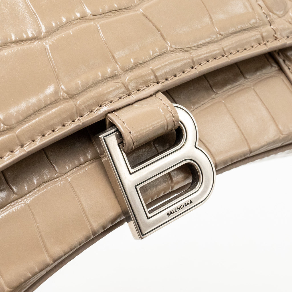 BALENCIAGA SMALL HOURGLASS BAG CROC-EMBOSSED CALFSKIN DARK BEIGE SHW