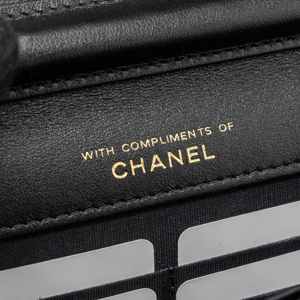 CHANEL QUILTED WALLET ON CHAIN SHINY CALFSKIN BLACK GHW (MICROCHIP)