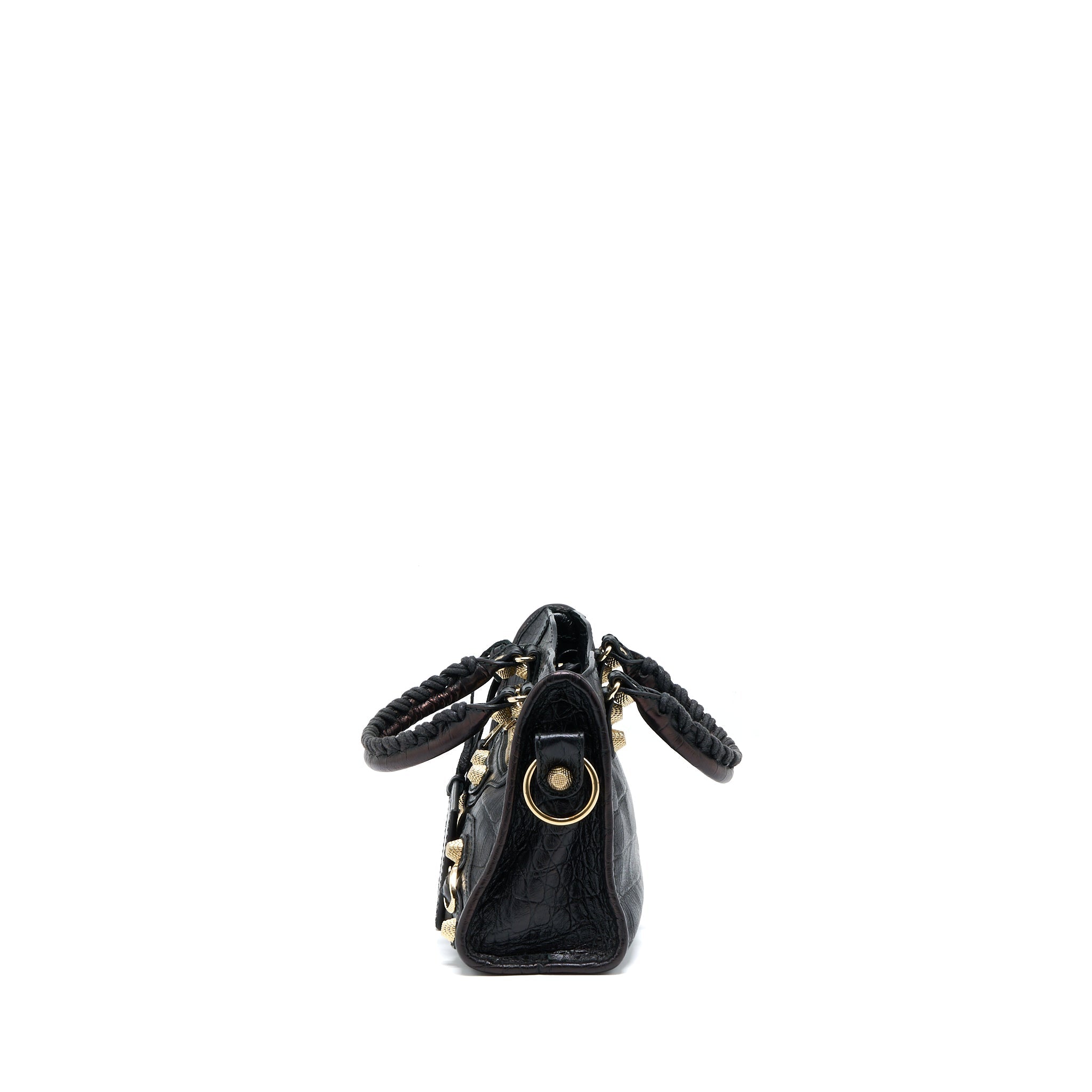 BALENCIAGA MINI CITY CROC-EMBOSSED CALFSKIN BLACK GHW