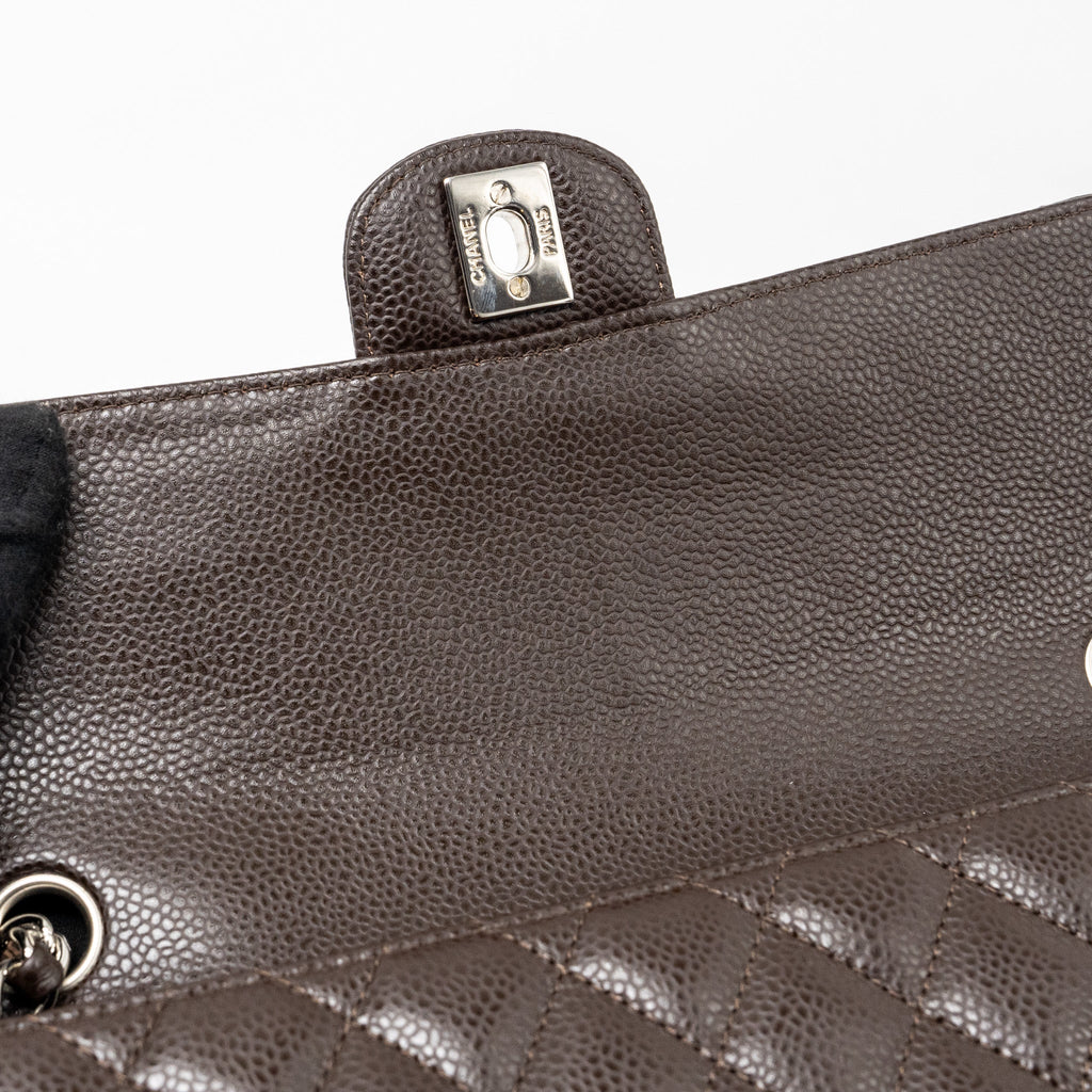 CHANEL EAST WEST CLASSIC QUILTED FLAP BAG CAVIAR CHOCOLATE SHW