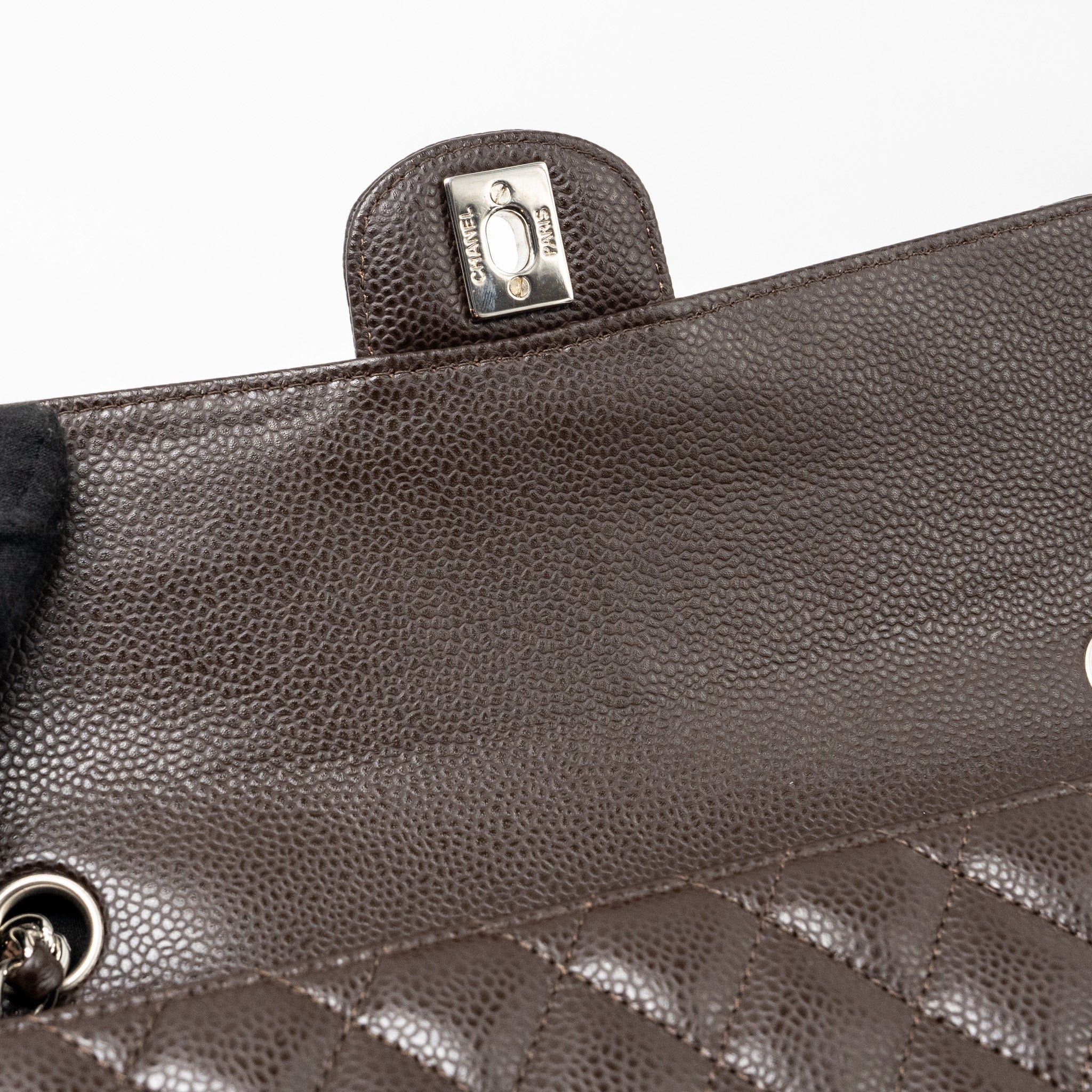 CHANEL EAST WEST CLASSIC QUILTED FLAP BAG CAVIAR CHOCOLATE SHW