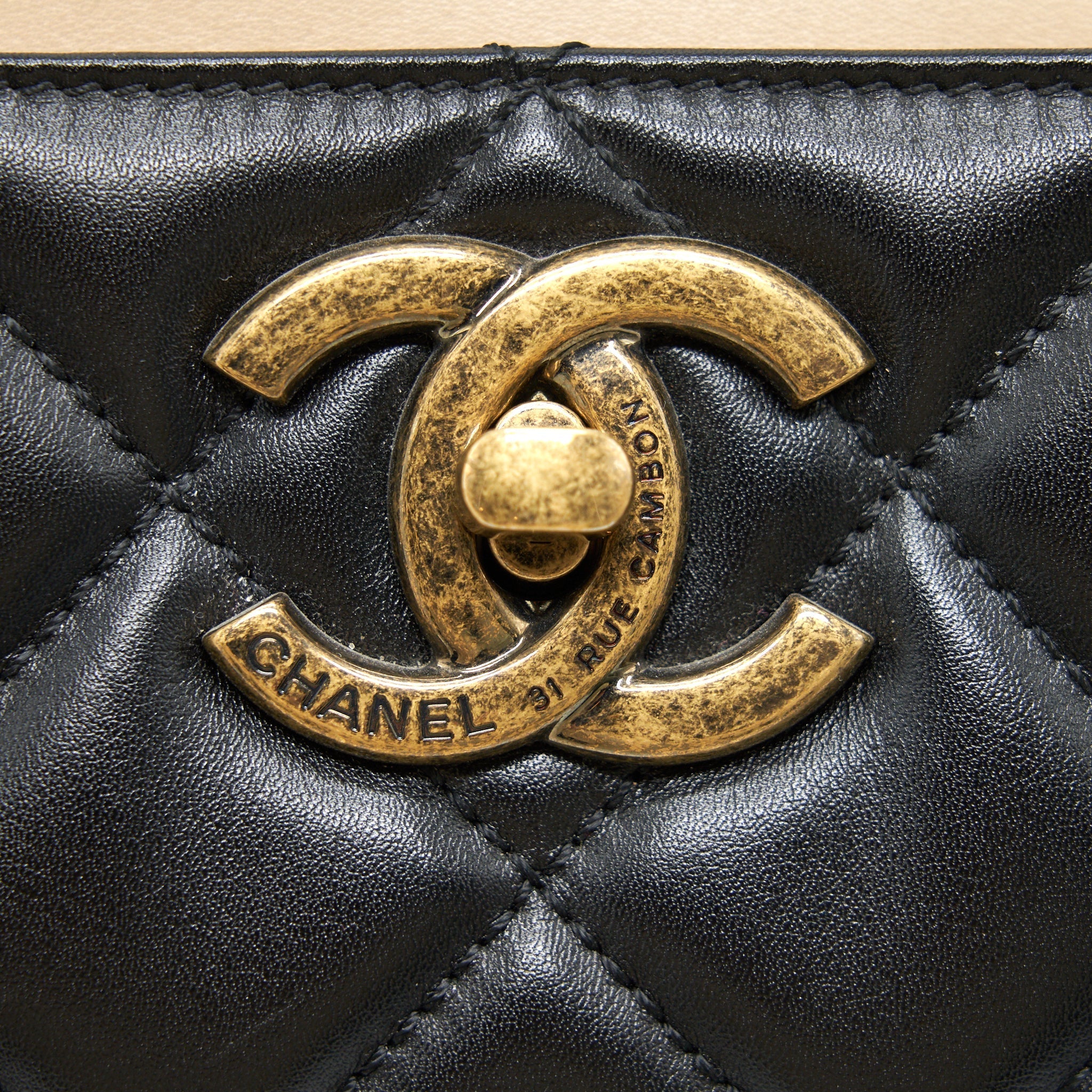 CHANEL CALFSKIN LEATHER SHOPPING BAG BLACK/BEIGE