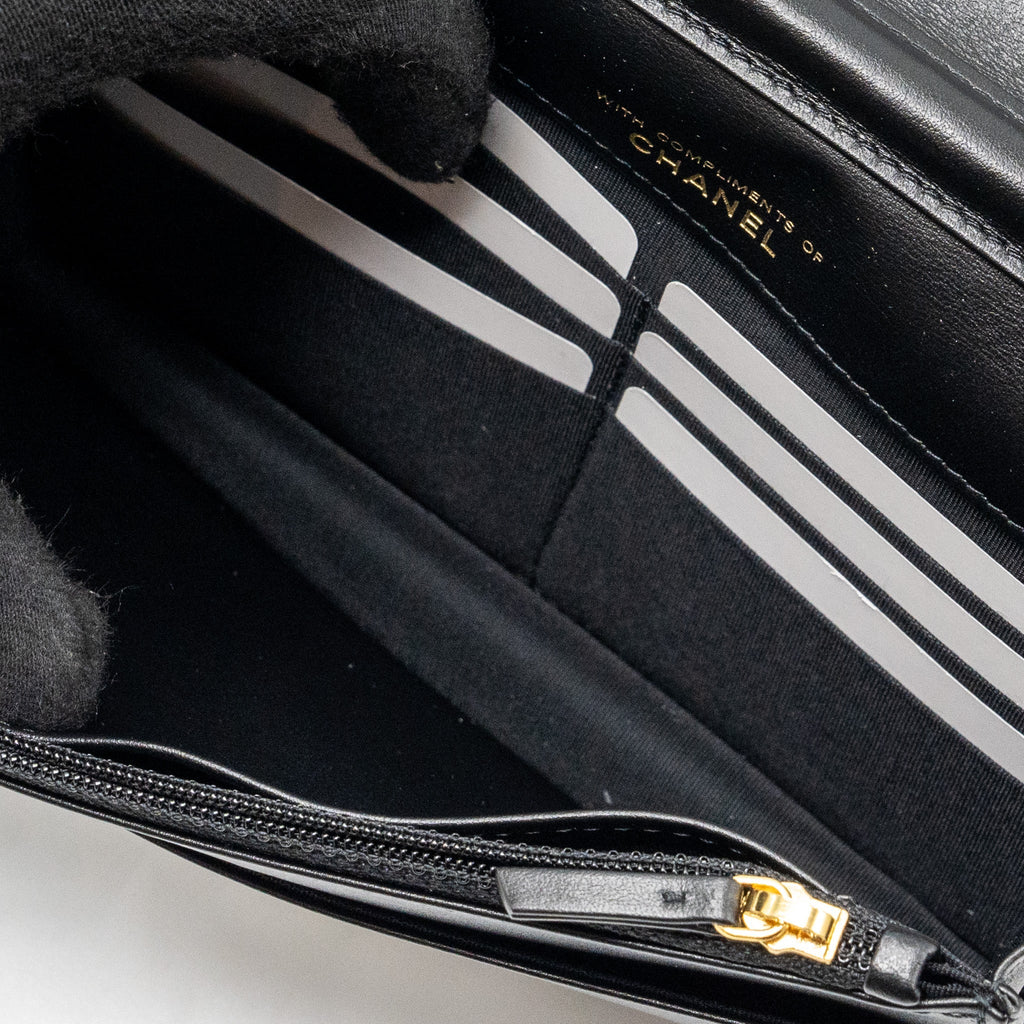 CHANEL QUILTED WALLET ON CHAIN SHINY CALFSKIN BLACK GHW (MICROCHIP)