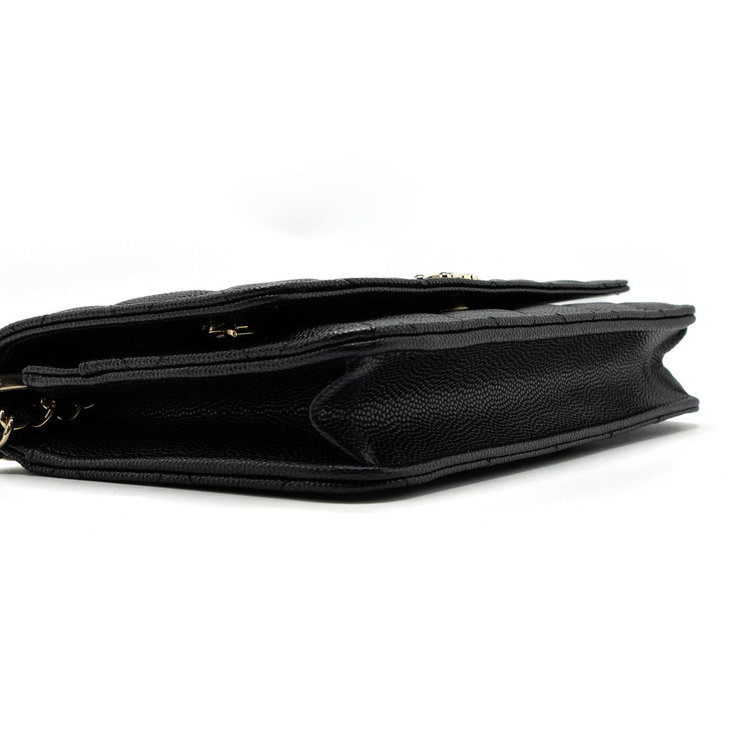 CHANEL 23K DETAILED CC LOGO WALLET ON CHAIN CAVIAR BLACK LGHW (MICROCHIP)