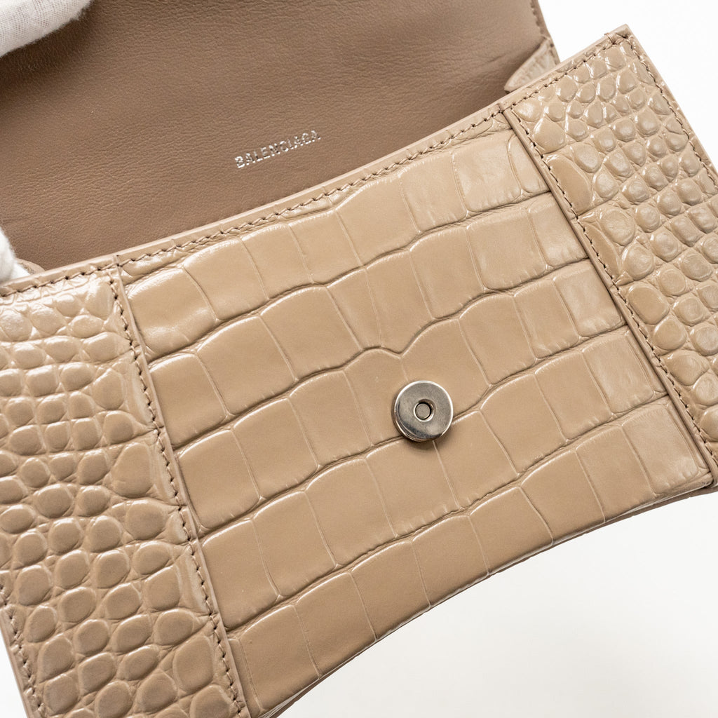 BALENCIAGA SMALL HOURGLASS BAG CROC-EMBOSSED CALFSKIN DARK BEIGE SHW