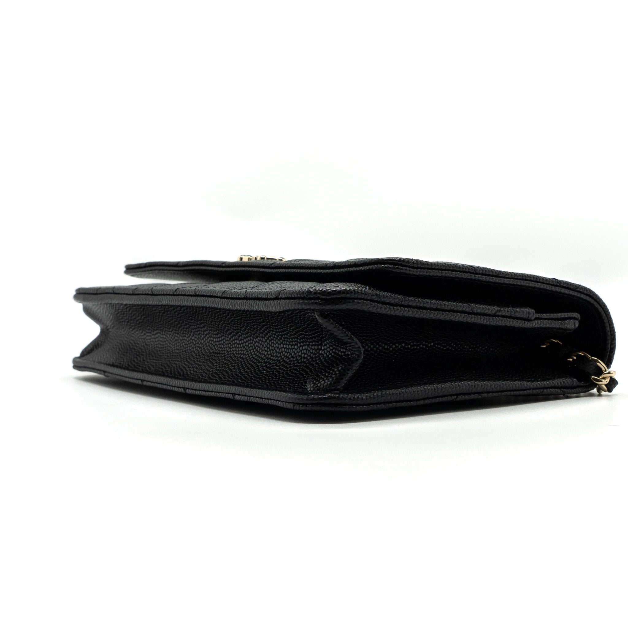CHANEL 23K DETAILED CC LOGO WALLET ON CHAIN CAVIAR BLACK LGHW (MICROCHIP)