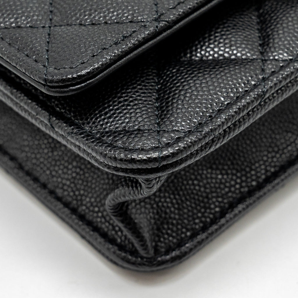 CHANEL CAMELLIA WALLET ON CHAIN CAVIAR BLACK GHW (MICROCHIP)