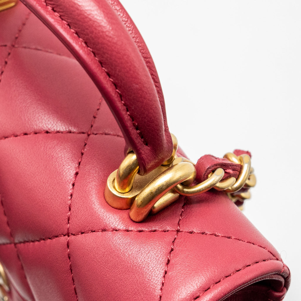 CHANEL TOP HANDLE MINI FLAP BAG WITH CHAIN LAMBSKIN DARK PINK GHW