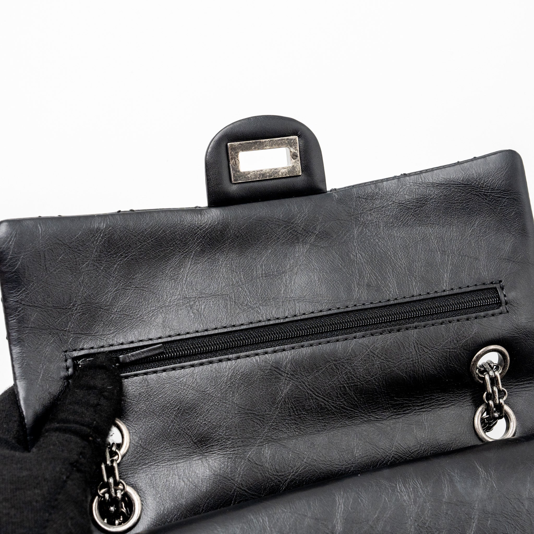 CHANEL SMALL 2.55 REISSUE FLAP BAG AGED CALFSKIN BLACK RUTHENIUM HARDWARE