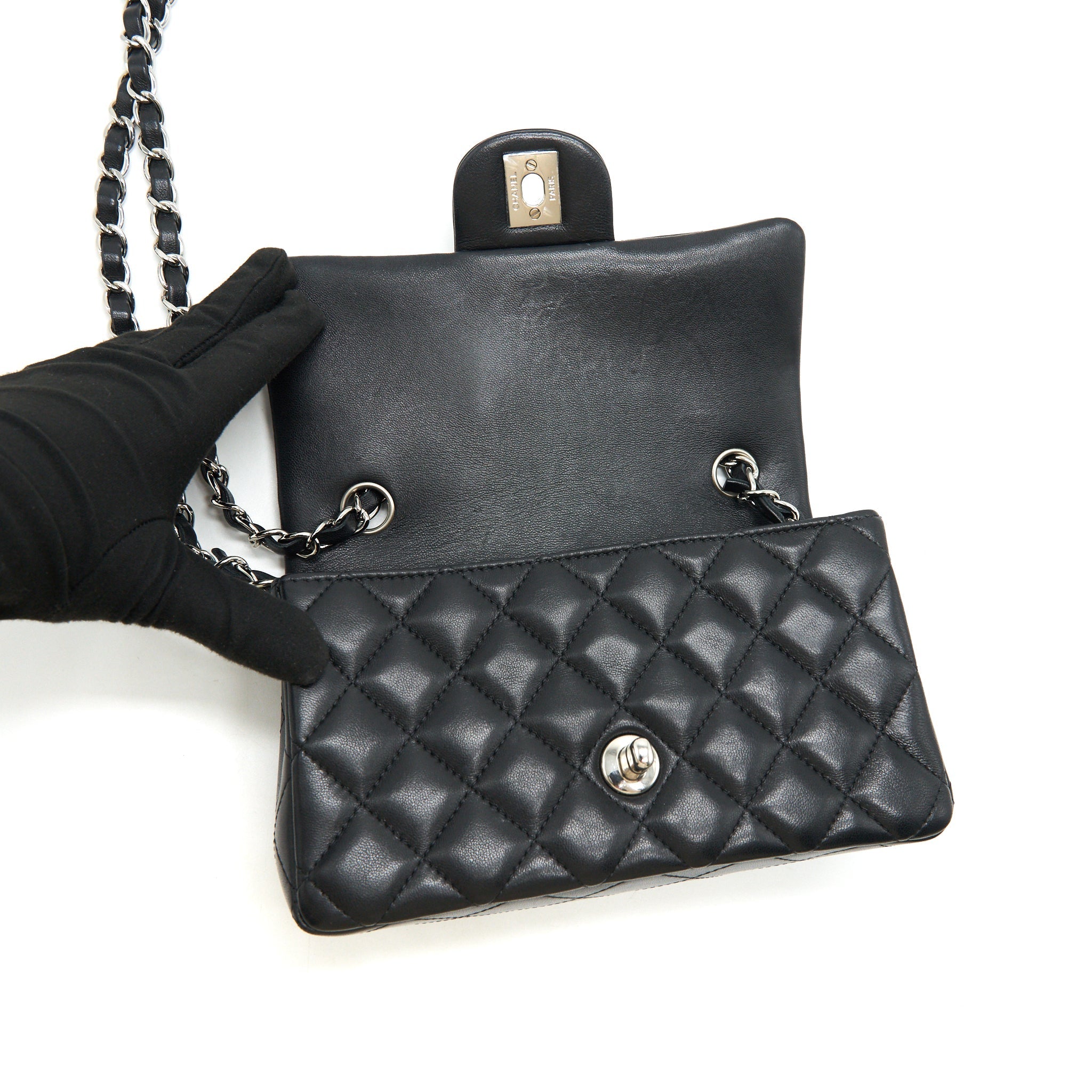 CHANEL LAMBSKIN RECTANGULAR MINI FLAP BAG IN BLACK SHW