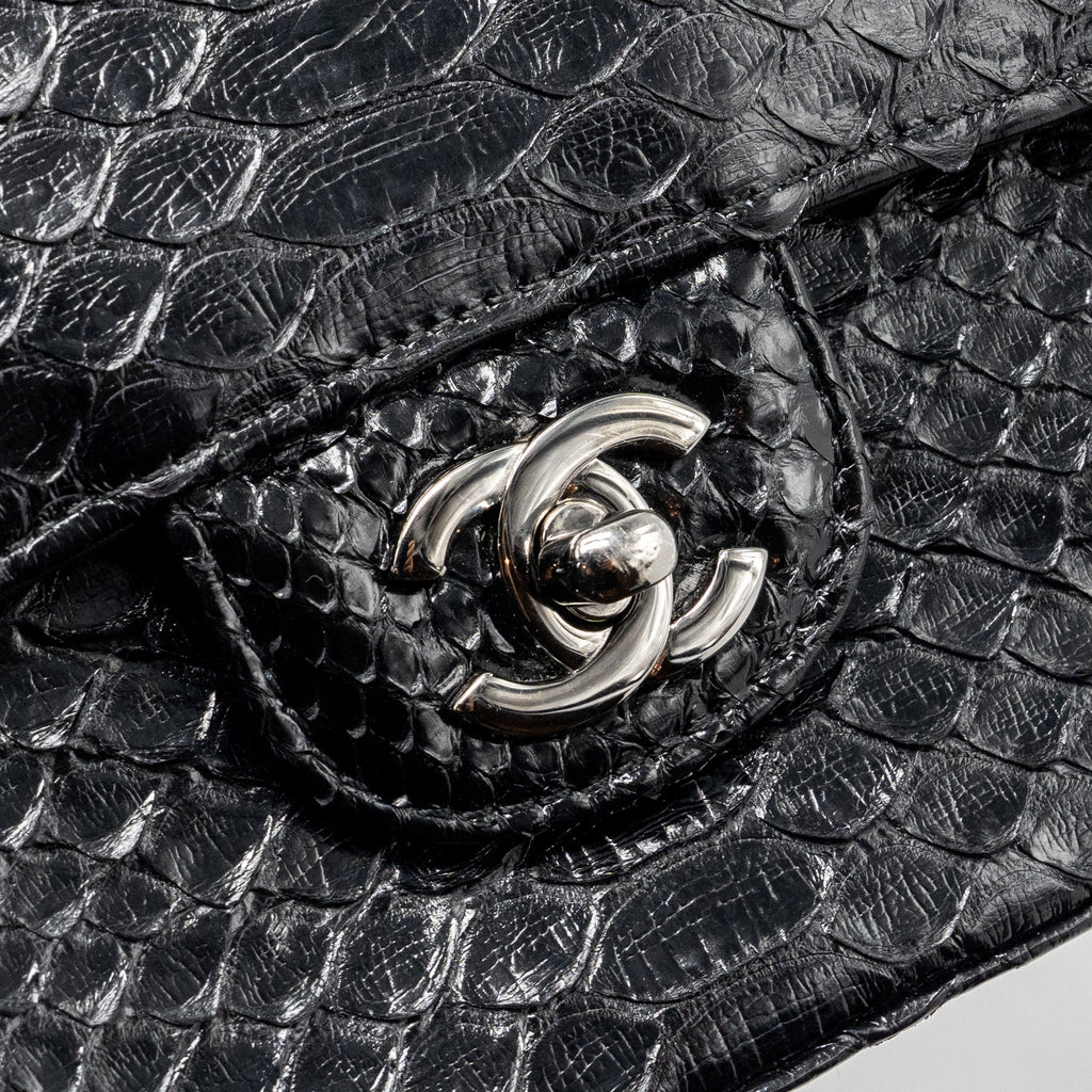 CHANEL MEDIUM CLASSIC DOUBLE FLAP BAG PYTHON BLACK SHW