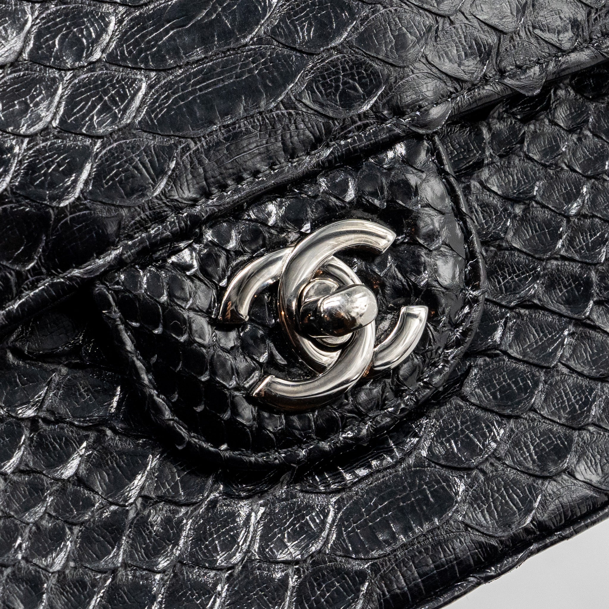 CHANEL MEDIUM CLASSIC DOUBLE FLAP BAG PYTHON BLACK SHW