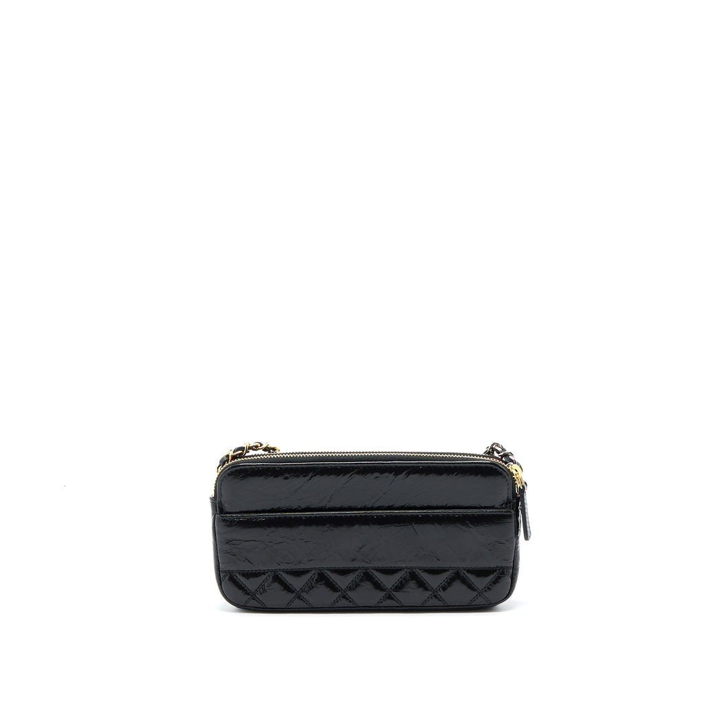 CHANEL DOUBLE ZIP WALLET ON CHAIN AGED CALFSKIN BLACK MULTICOLOUR HARDWARE