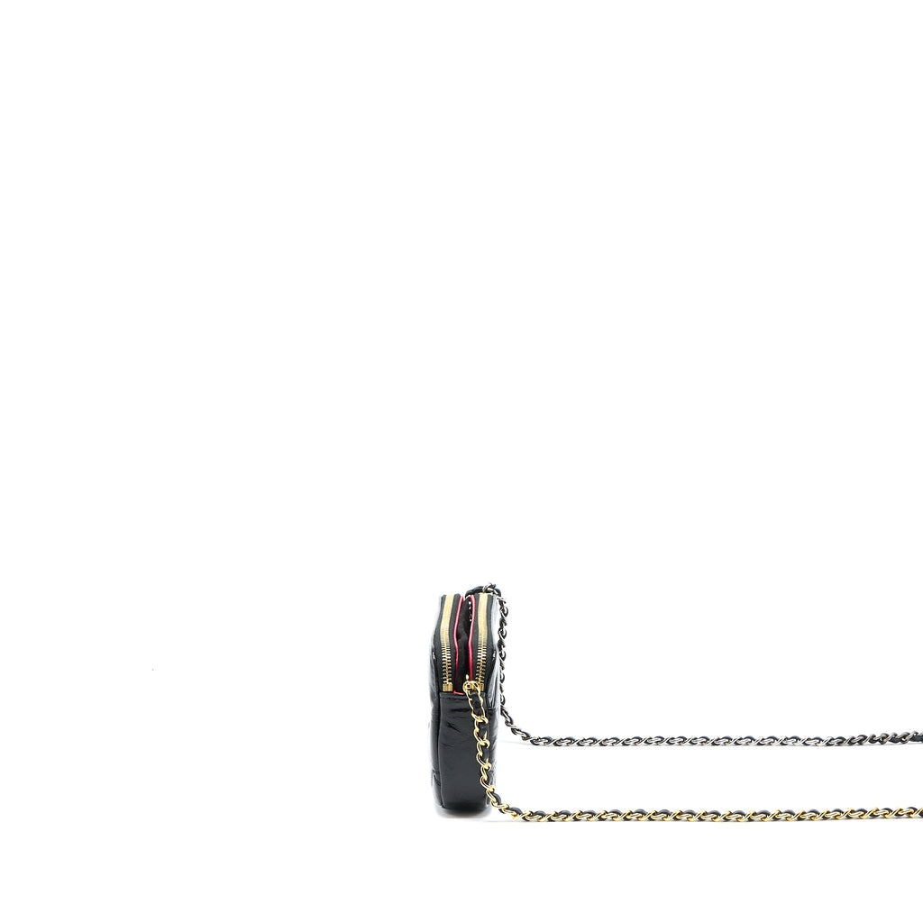 CHANEL DOUBLE ZIP WALLET ON CHAIN AGED CALFSKIN BLACK MULTICOLOUR HARDWARE