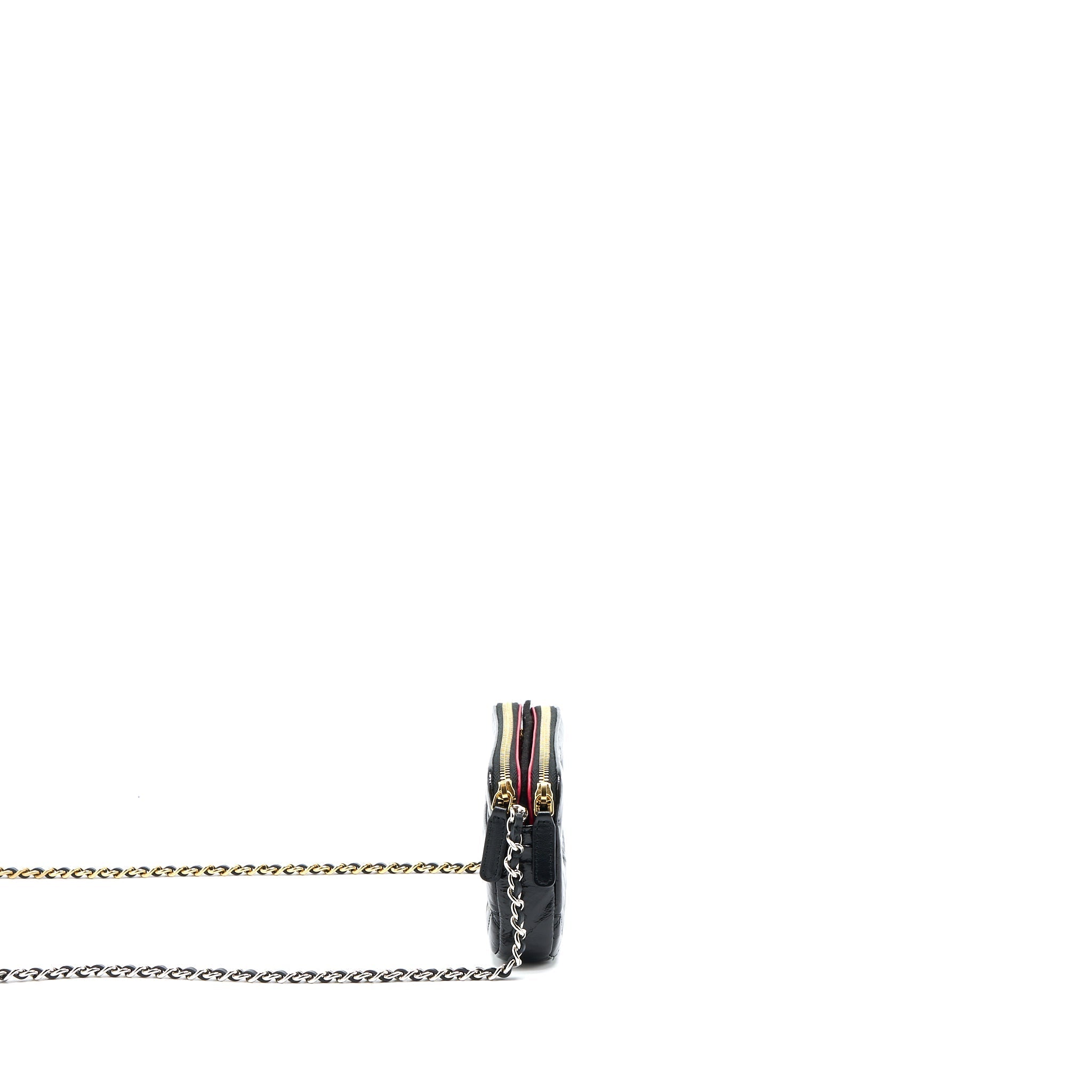 CHANEL DOUBLE ZIP WALLET ON CHAIN AGED CALFSKIN BLACK MULTICOLOUR HARDWARE