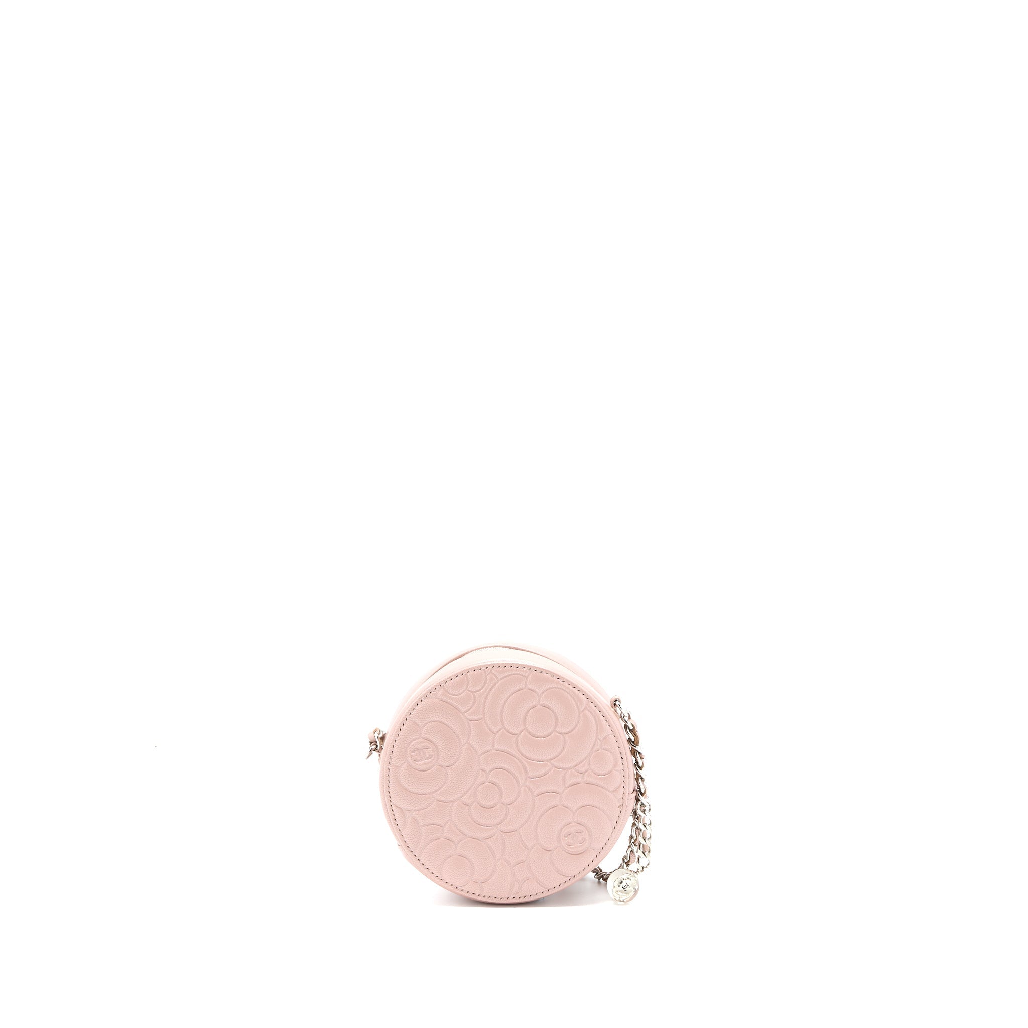 CHANEL ROUND CLUTCH WITH CHAIN CAMELLIA CALFSKIN NUDE PINK SHW