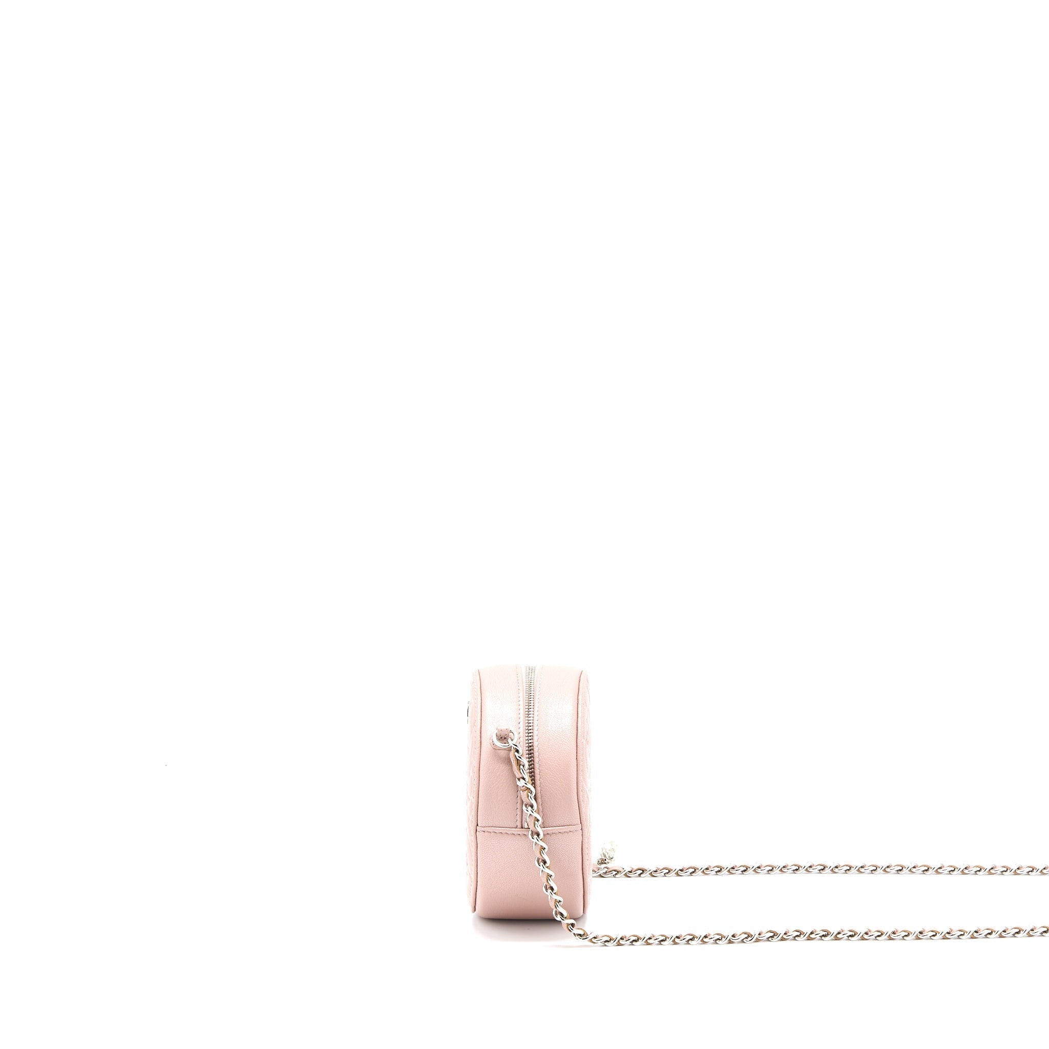 CHANEL ROUND CLUTCH WITH CHAIN CAMELLIA CALFSKIN NUDE PINK SHW