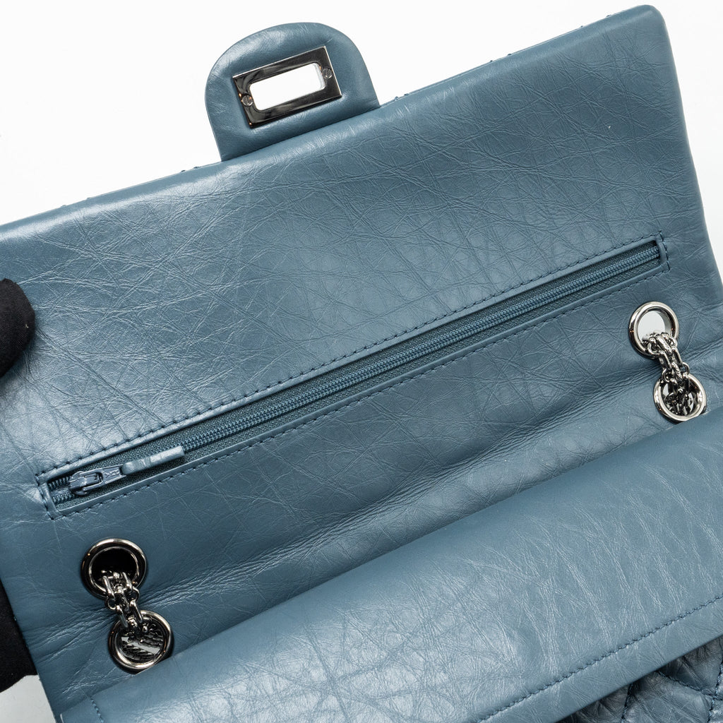 CHANEL LARGE 2.55 REISSUE FLAP BAG AGED CALFSKIN PETROL BLUE RUTHENIUM HARDWARE