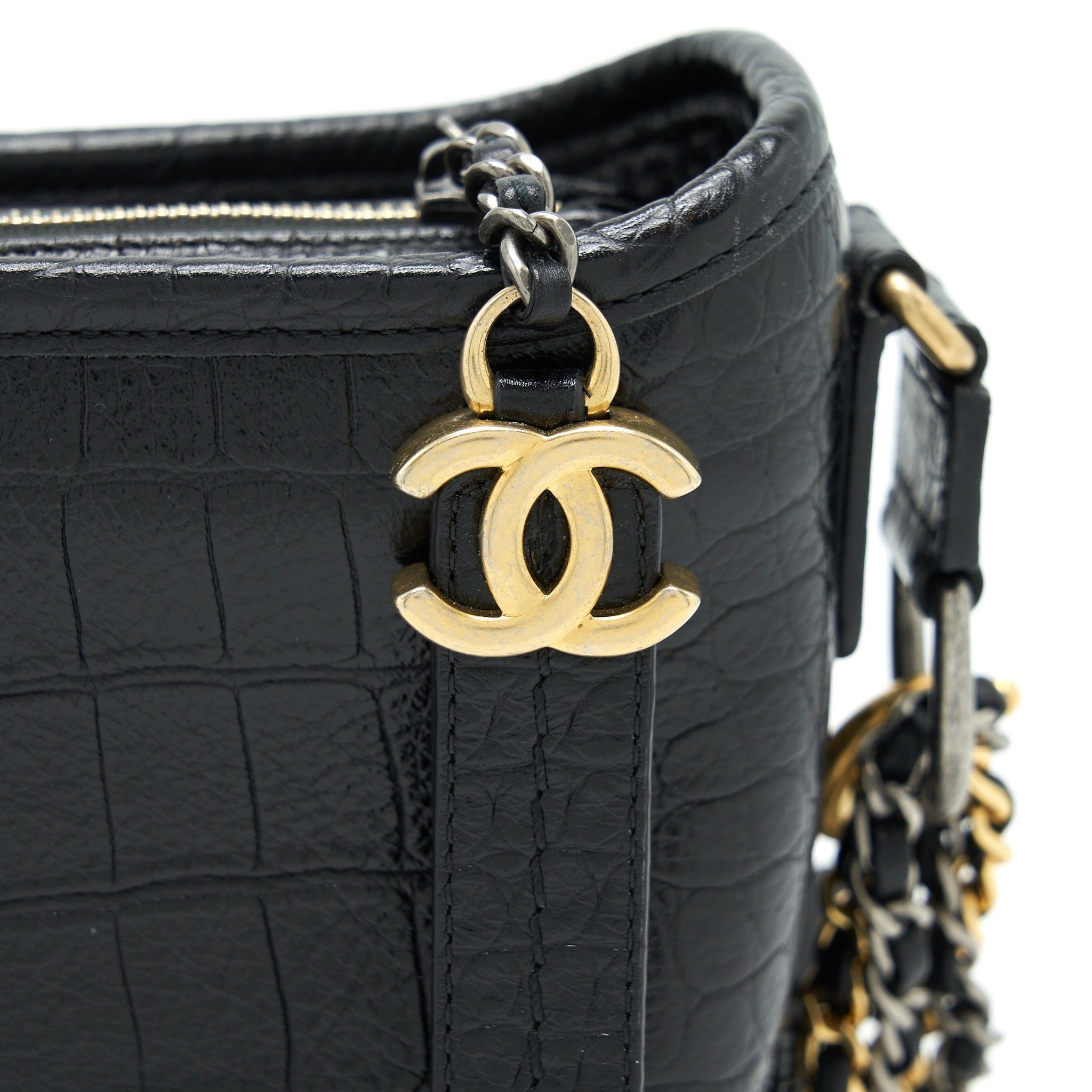 CHANEL SMALL GABRIELLE HOBO BAG CROCODILE EMBOSSED CALFSKIN BLACK MULTICOLOUR HARDWARE