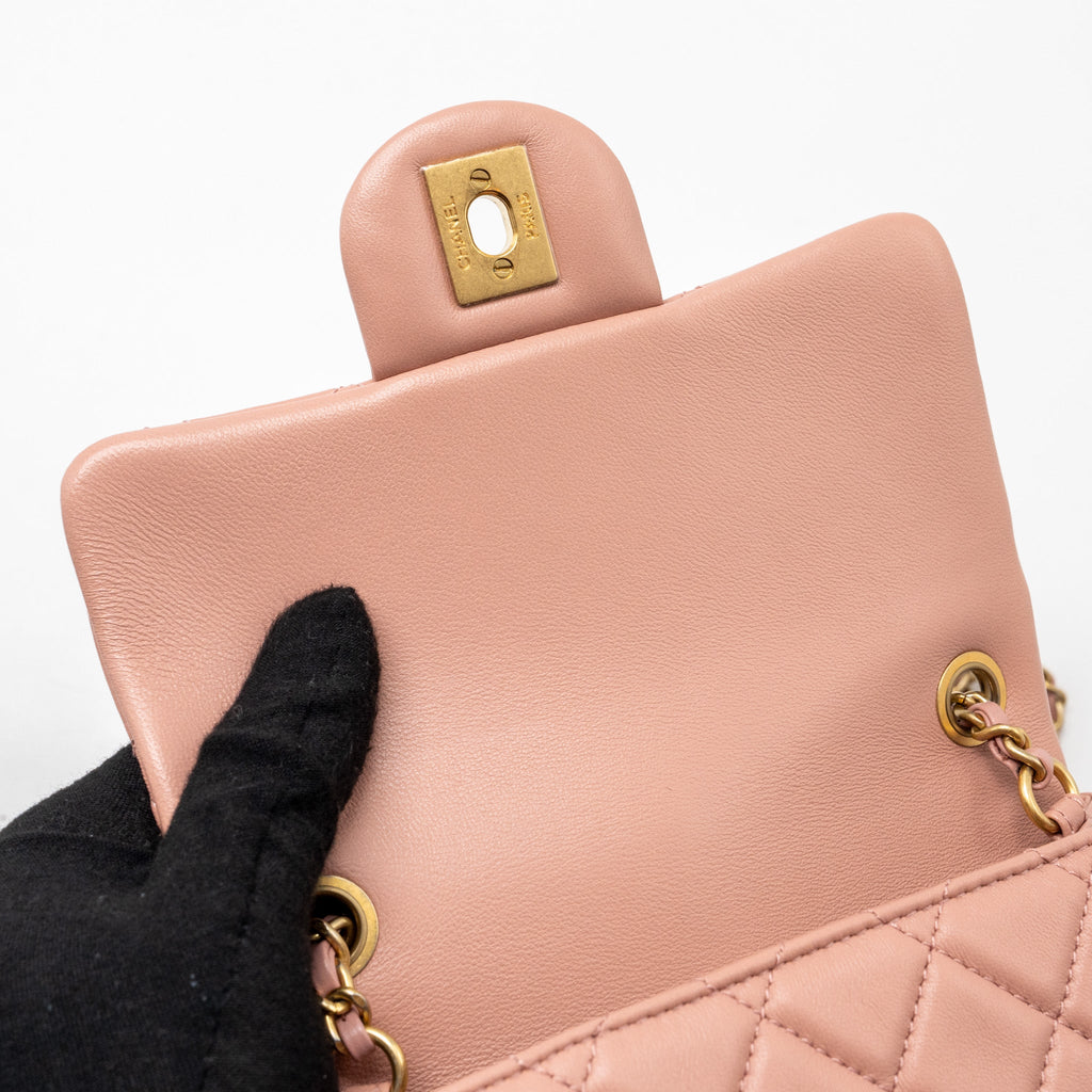 CHANEL PEARL CRUSH MINI SQUARE FLAP BAG LAMBSKIN PINK GHW (MICROCHIP)