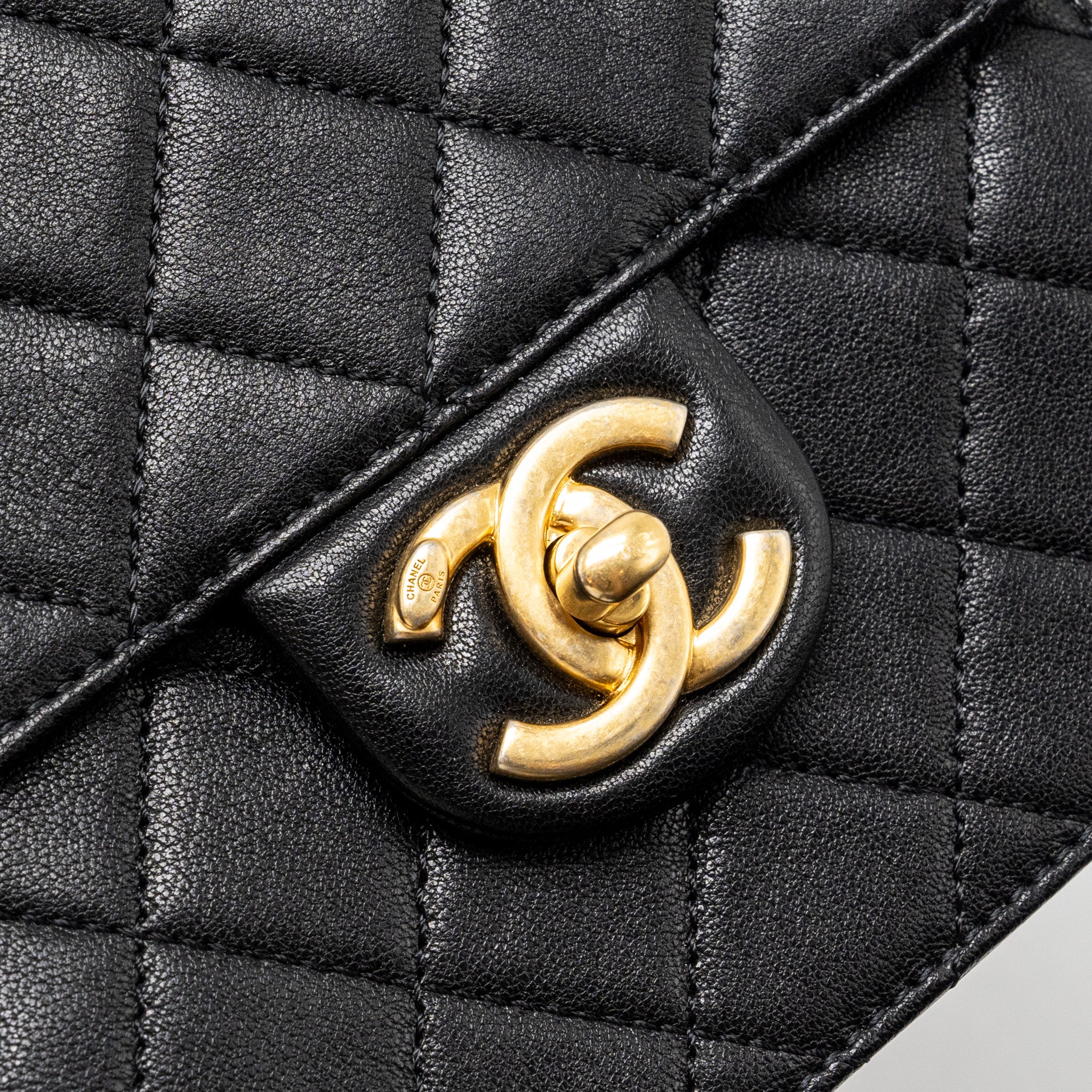 CHANEL PEARL CHAIN QUILTED VERTICAL FLAP BAG LAMBSKIN BLACK GHW