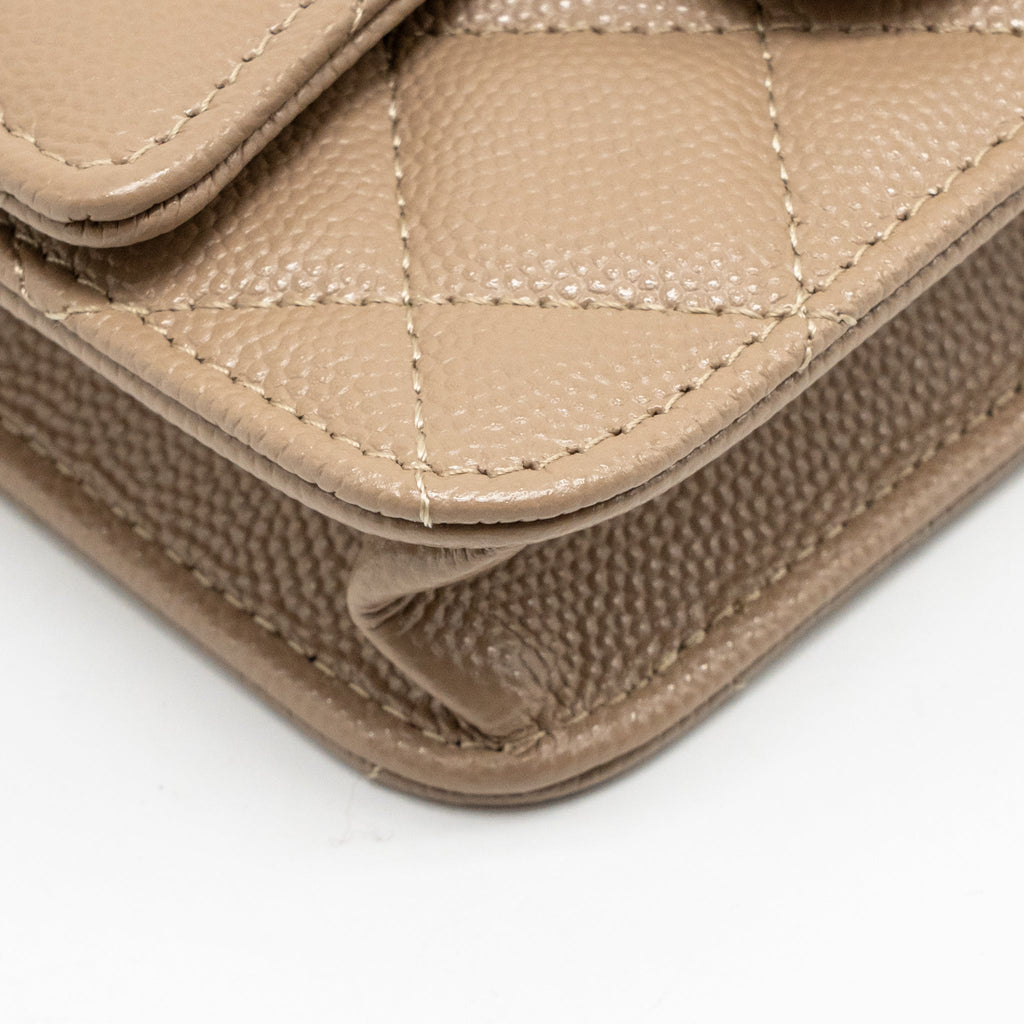CHANEL MINI FLAP CLUTCH WITH CHAIN CAVIAR DARK BEIGE LGHW (MICROCHIP)