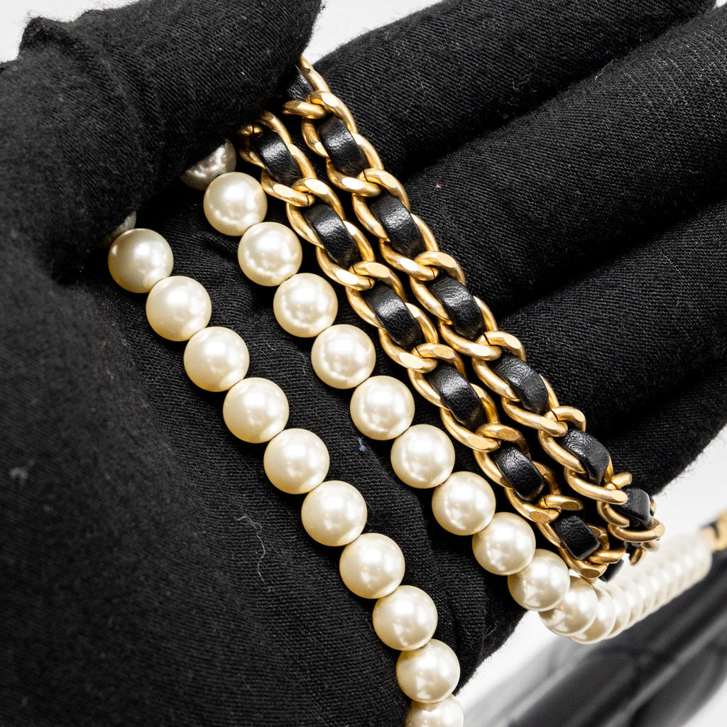 CHANEL PEARL CHAIN QUILTED VERTICAL FLAP BAG LAMBSKIN BLACK GHW