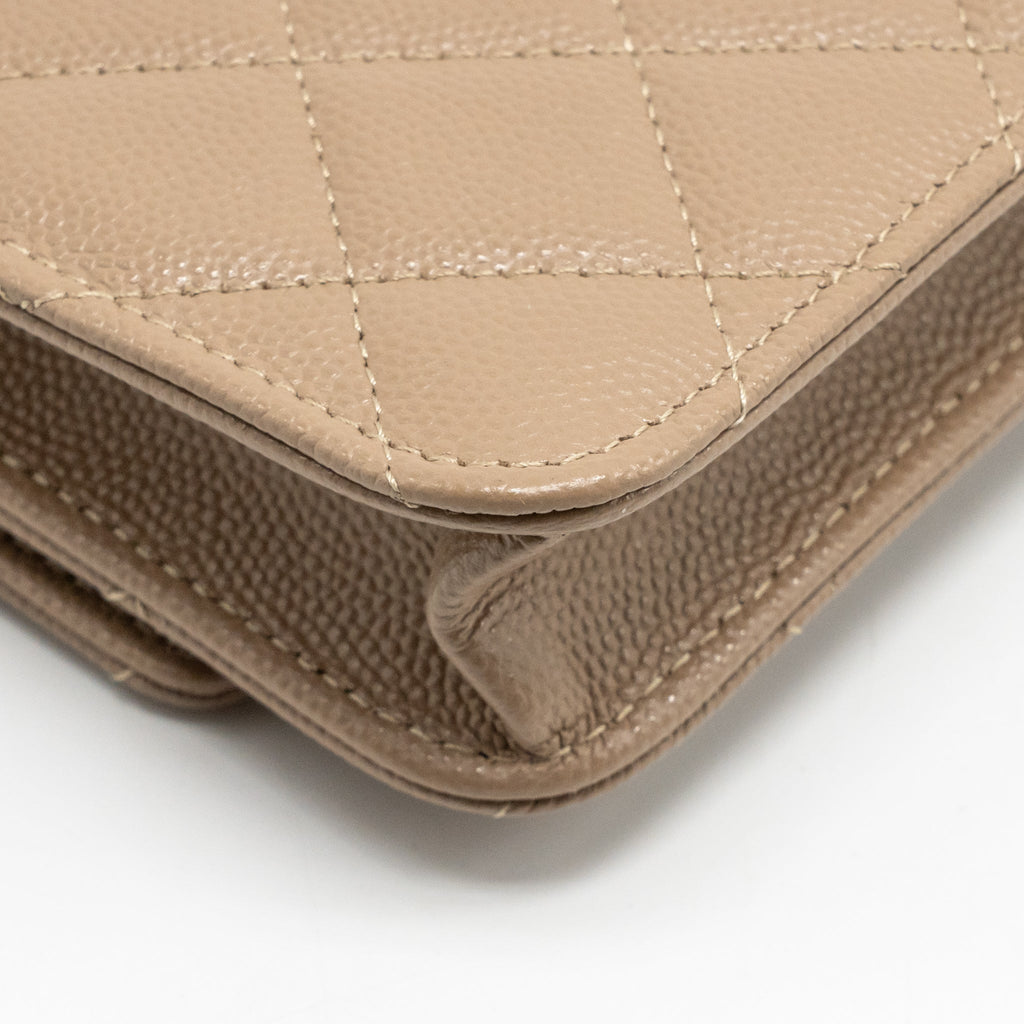 CHANEL MINI FLAP CLUTCH WITH CHAIN CAVIAR DARK BEIGE LGHW (MICROCHIP)