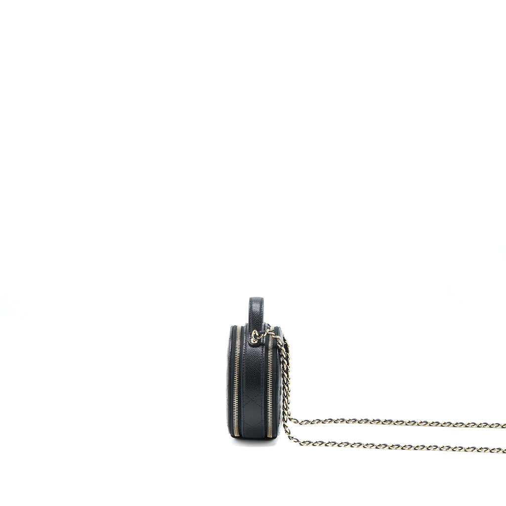 CHANEL MINI TOP HANDLE ROUND VANITY CASE WITH CHAIN CAVIAR BLACK LGHW
