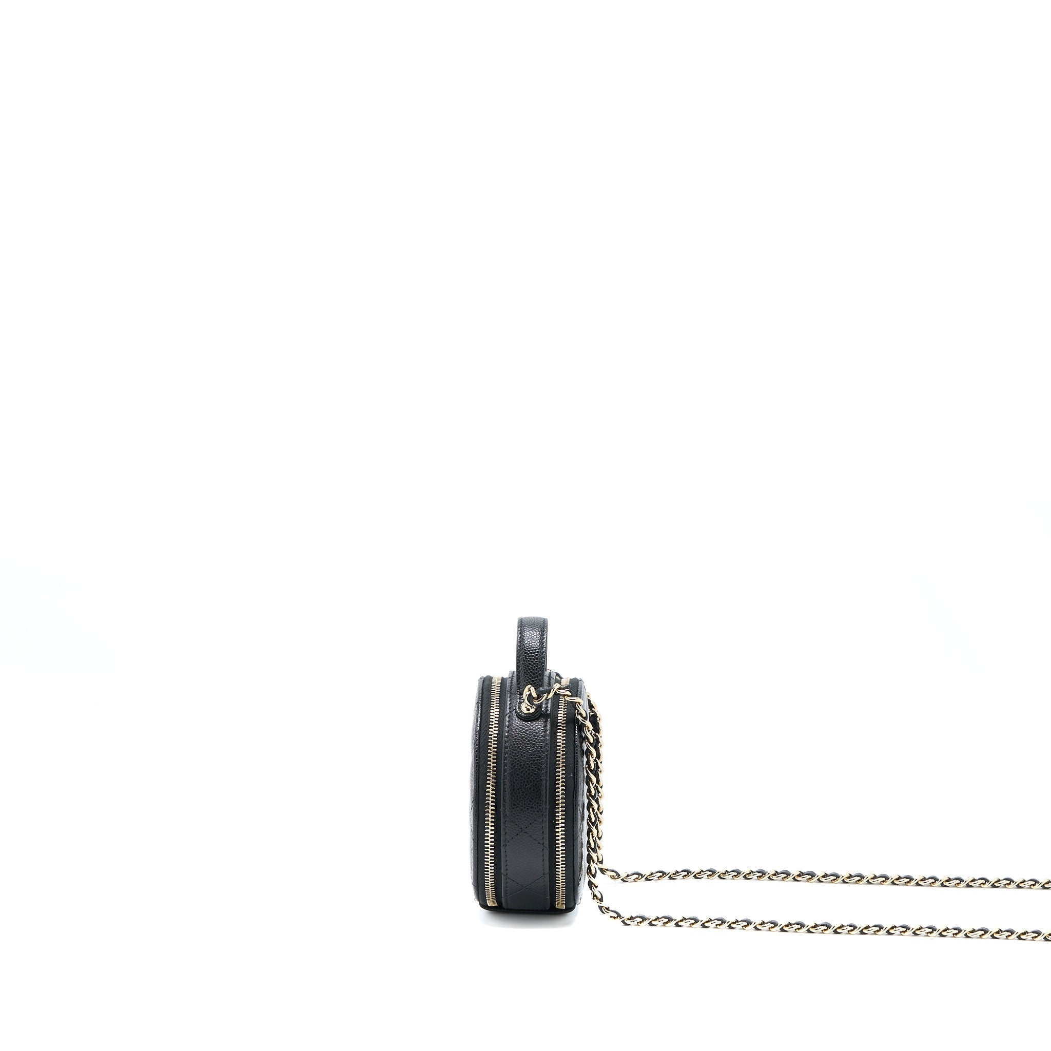 CHANEL MINI TOP HANDLE ROUND VANITY CASE WITH CHAIN CAVIAR BLACK LGHW