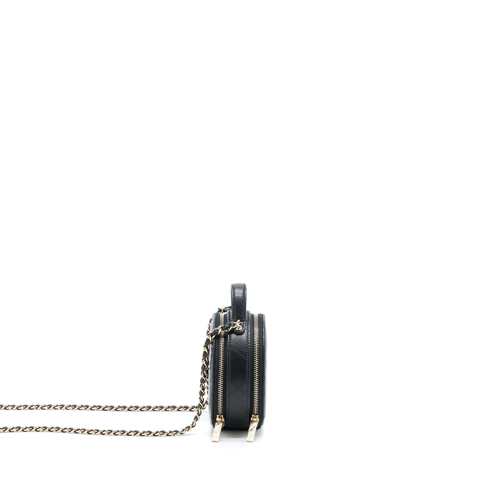 CHANEL MINI TOP HANDLE ROUND VANITY CASE WITH CHAIN CAVIAR BLACK LGHW