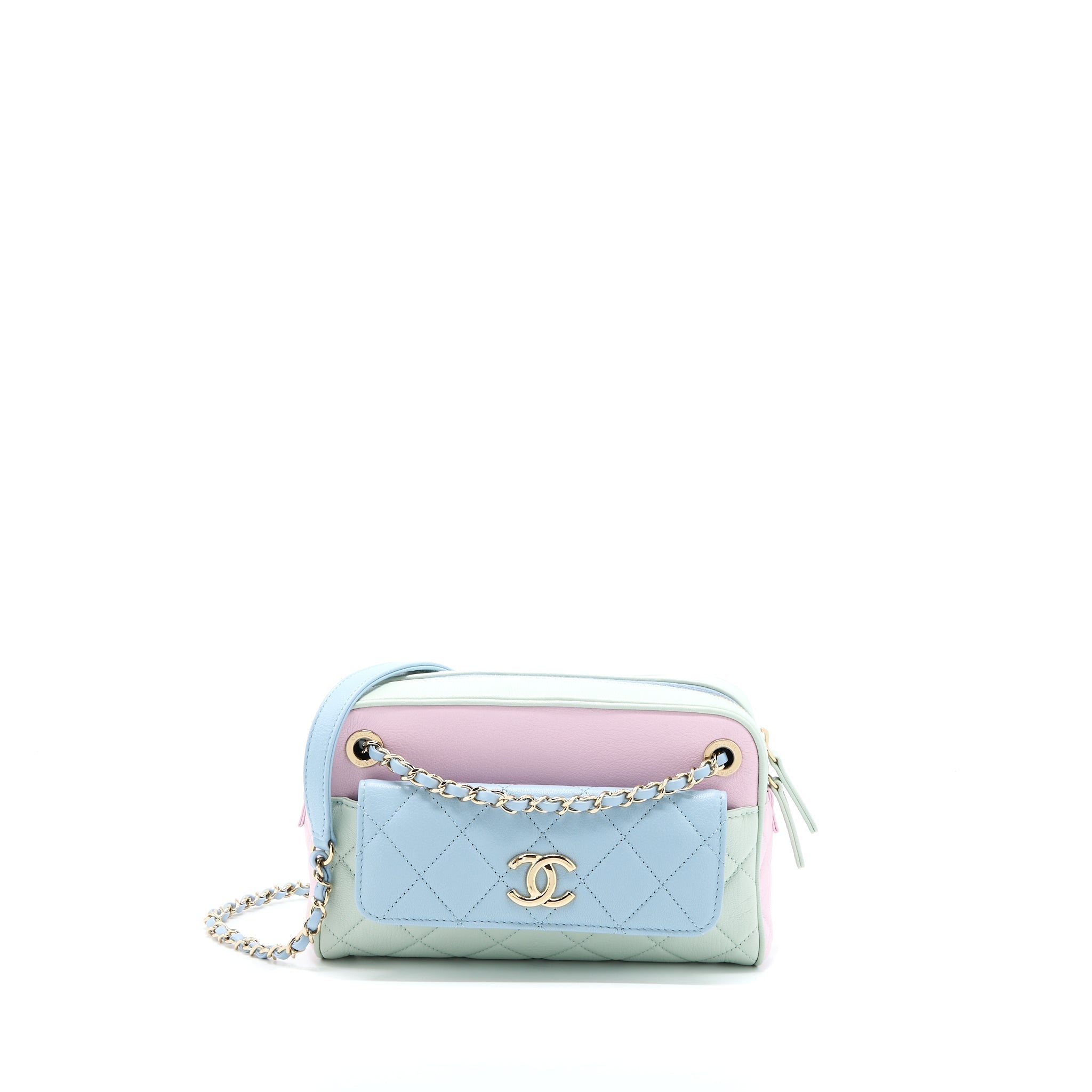 CHANEL SMALL CAMERA CASE TRICOLOUR GOATSKIN GREEN BLUE PINK LGHW
