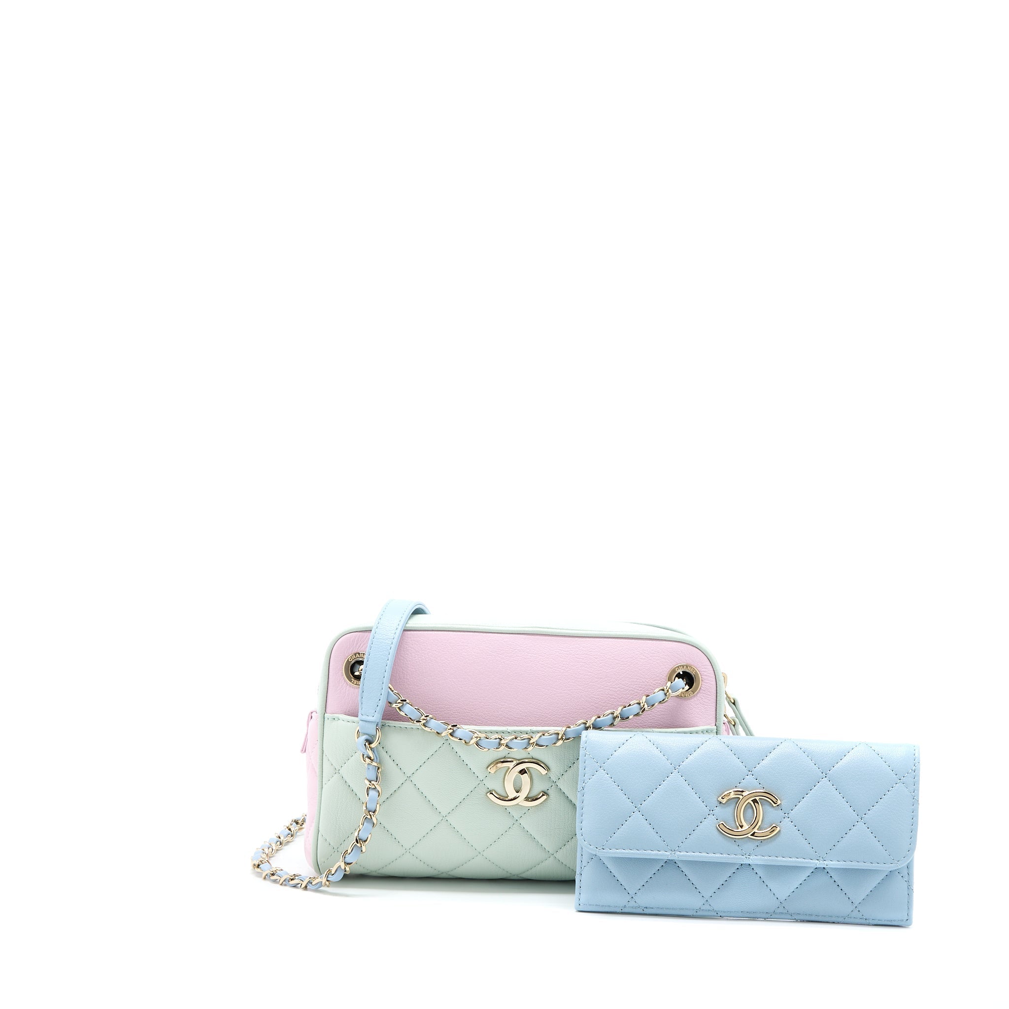 CHANEL SMALL CAMERA CASE TRICOLOUR GOATSKIN GREEN BLUE PINK LGHW